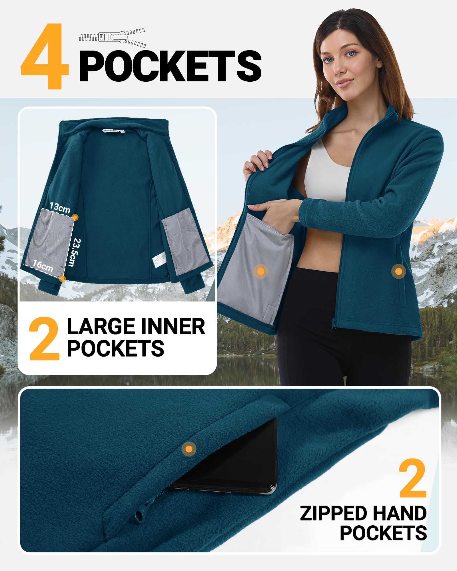 Outdoor Ventures Veste polaire pour femme avec fermeture éclair sur toute la longueur, col montant pour femme - Veste polaire légère - Électricité antistatique