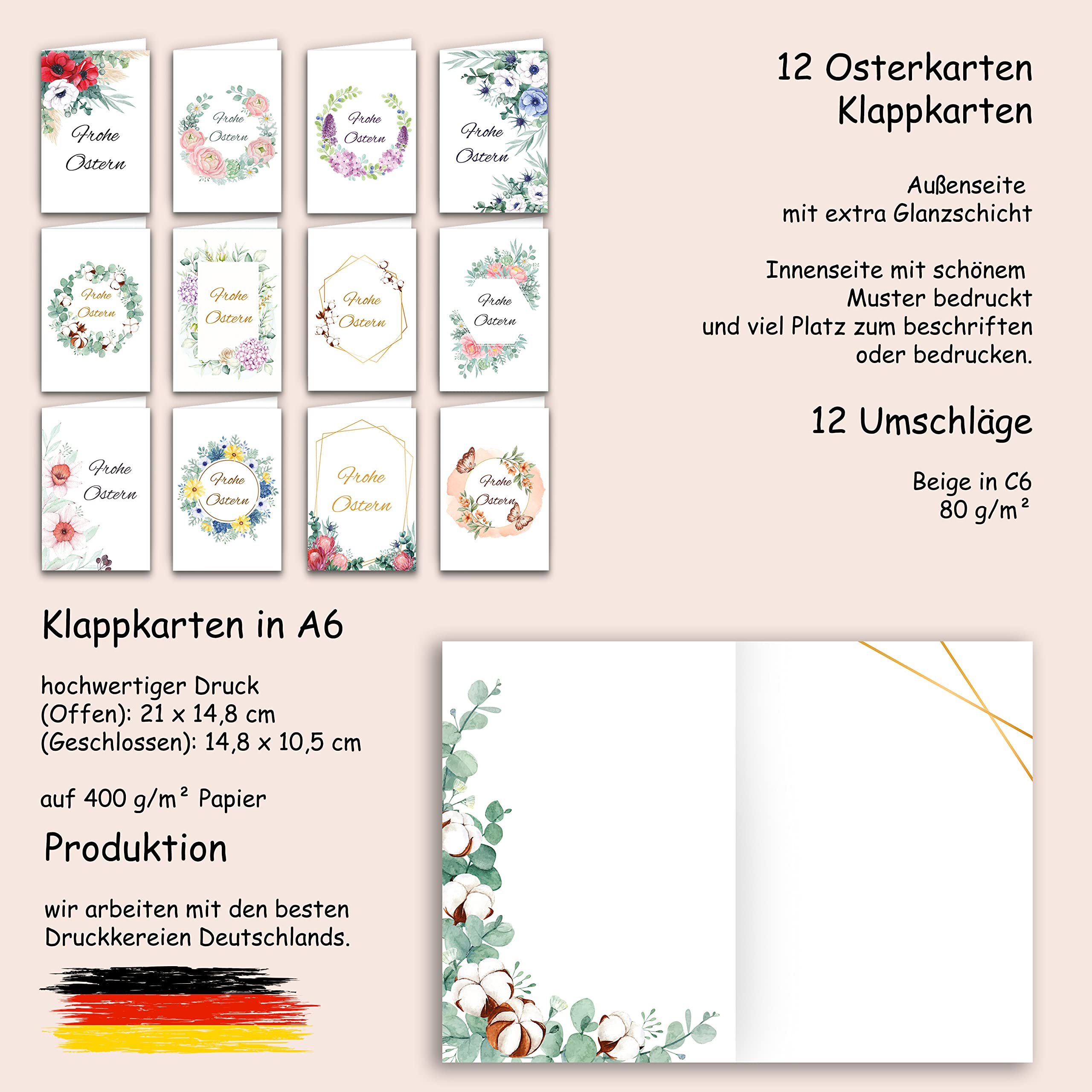 Easter Cards with Envelope Folding Cards Set of 12 A6 Hinged in Delicate Pastel Shades and Floral Pattern Greeting Cards Happy Easter Cards Card Set Envelopes Beige - Image 2
