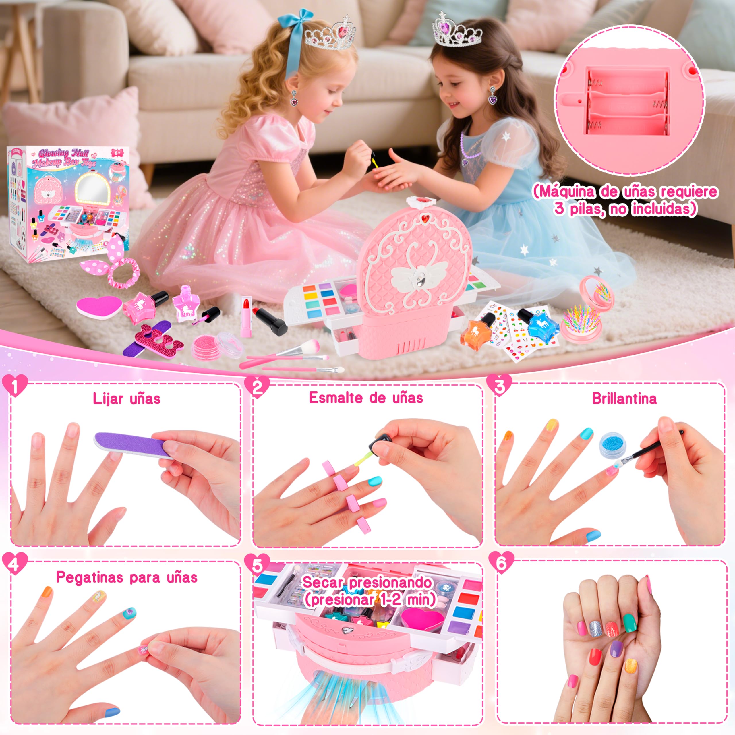 Herenear Set Manicura Niñas con Peel Off Pintauñas, Esmalte de Uñas Secador, Juguetes Kit Estudio Uñas Infantil, Pegatinas de Uñas Juego Cumpleaños Regalo para Niños Niñas (Rosa)