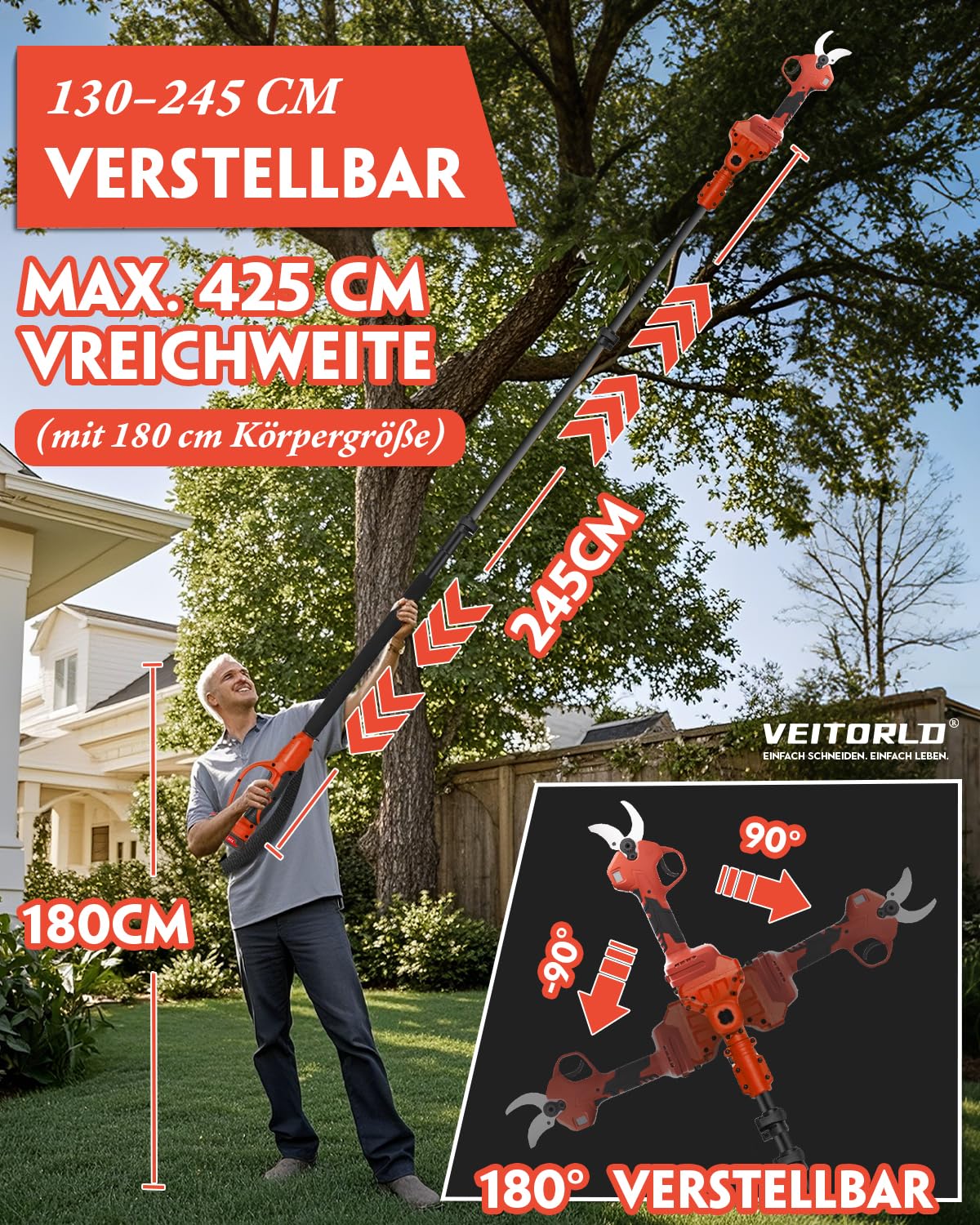 Veitorld Astschere Teleskop, 40MM Akku Gartenschere mit Abnehmbaren Teleskopstange (130-245 cm), Bürstenloser Motor Bypass Baumschere mit 2 Akku 2000mAh für Äste, Geschenke für Männer Frauen
