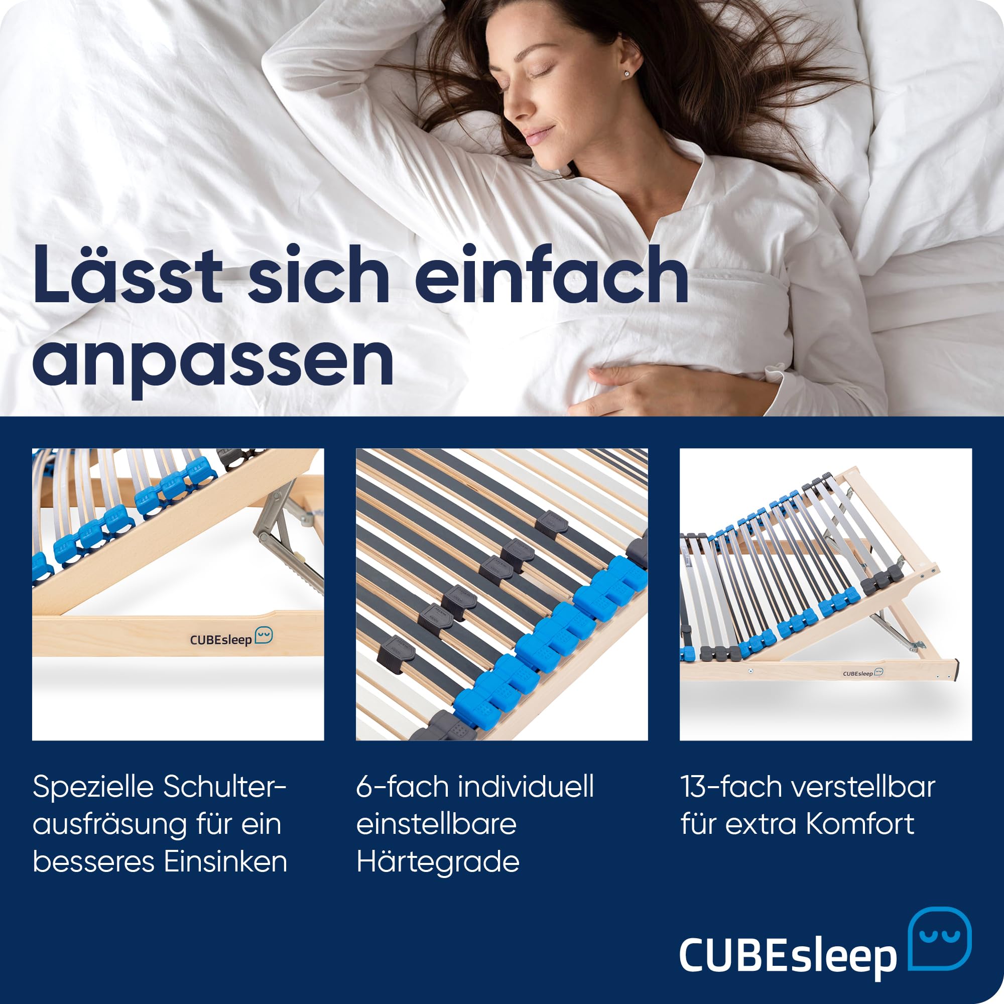 CubeSleep 2 STK. 7-Zonen Lattenrost Pure Eco KF 42-Leisten 90x200cm | Kopfteil verstellbar | Made In Germany | GS Zertifiziert – geprüfte Sicherheit (Doppelpack 90 x 200 cm)