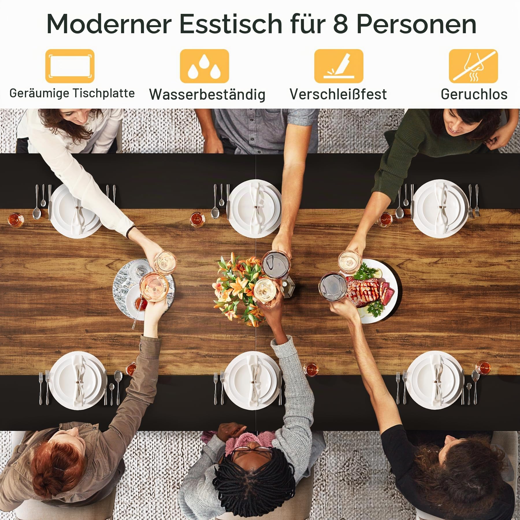 Tribesigns Rechteckiger Esstisch für 8-10 Personen, 200cm Großer industrieller Küchentisch Esstisch für Wohnzimmer, Küche, Metallgestell, Rustikales Braun