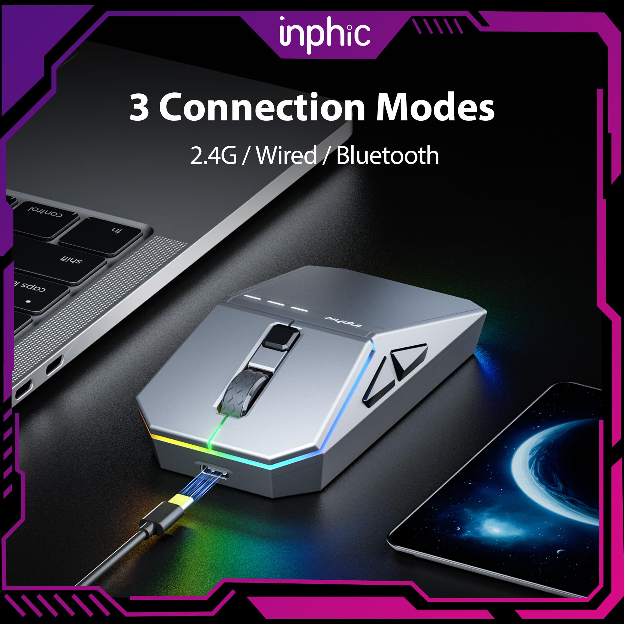 Amazon.com: INPHIC Cyber Silent Wireless Mouse, Tri-Mode 12000 DPI