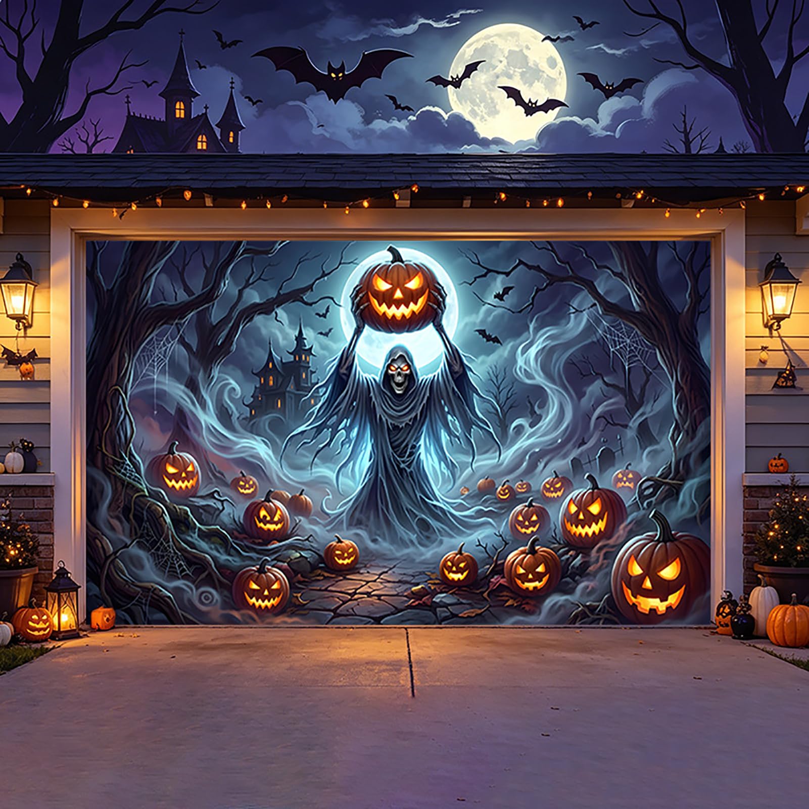 ZFFLYH Halloween Garage Door Decorations Banner Garage Door Backdrop Cover