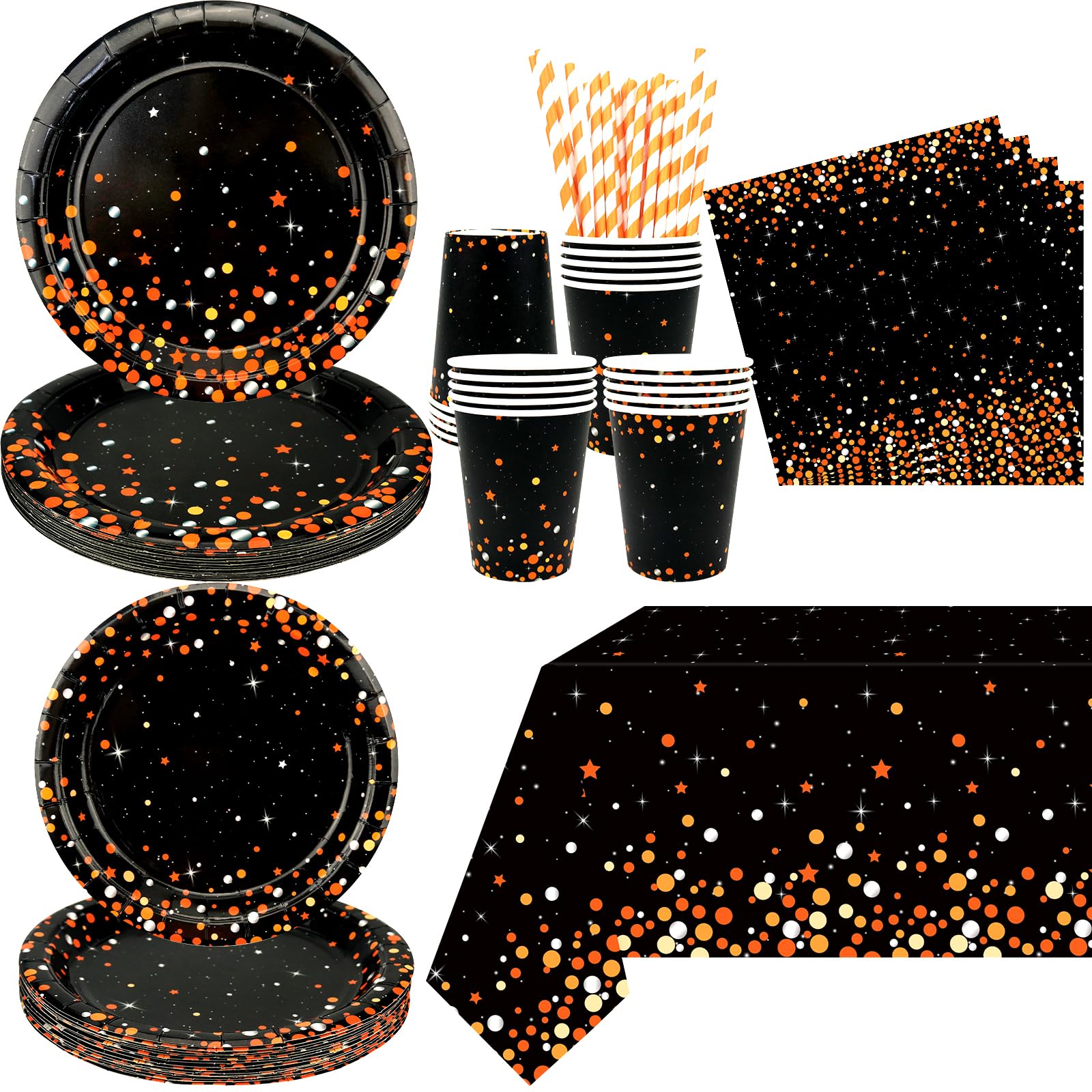 Orange and Black Party Decorations,Includes Plates,Napkins,Cups, Tablecloths, for Boys Girls Graduations School Birthday Party Supplies Serves 20