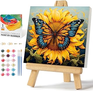 Framed Paint by Numbers Kit for Adults Beginners & Kids Ages 8-12, Butterfly Sunflower Acrylic Easy Paint by Number with Frame, Paint by Number Kits on Canvas Framed (10 * 10 Inch, without Easel)