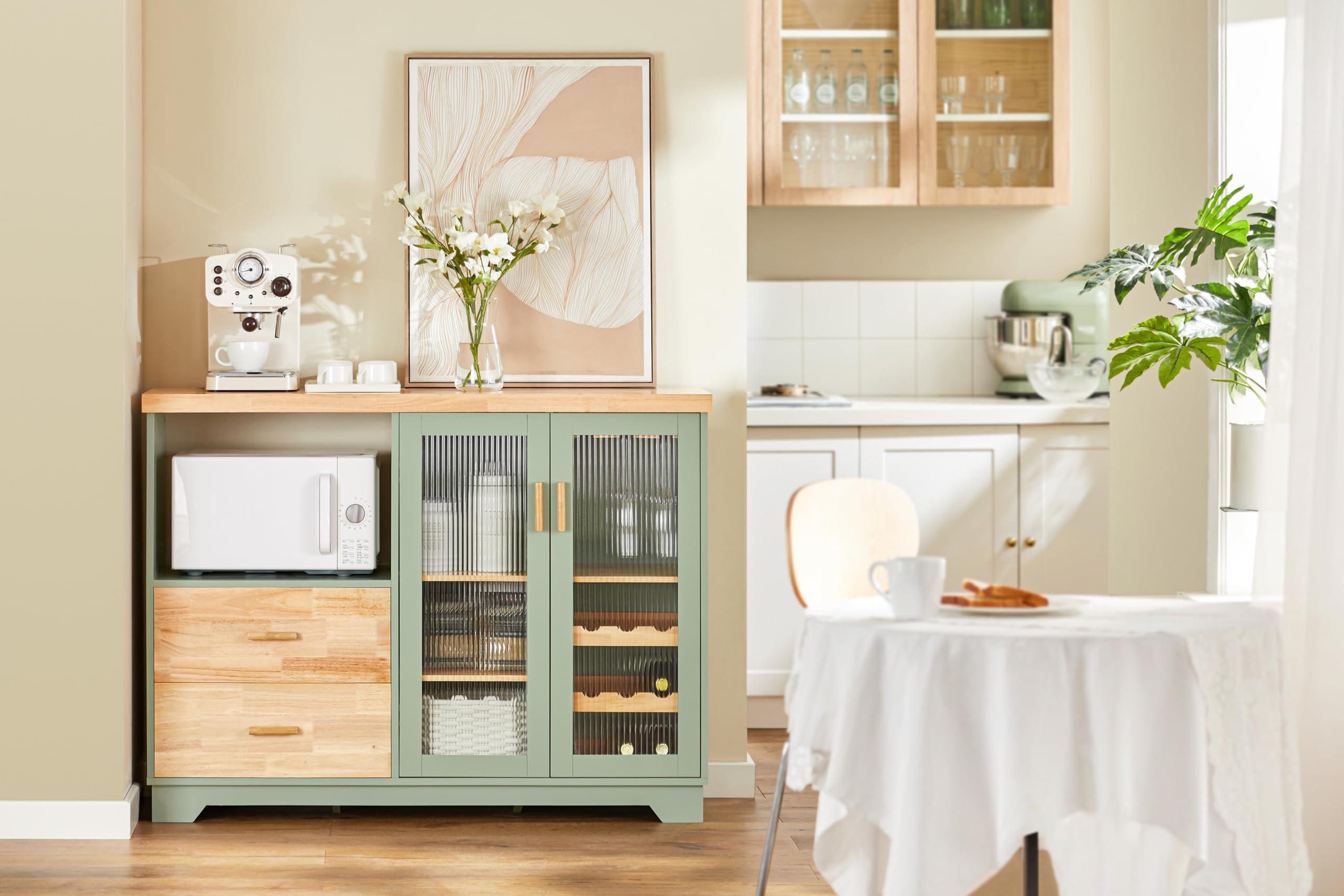 SoBuy Credenza Cucina Moderna 120 cm con Ripiano per Microonde e Portabottiglie - Mobiletto da Cucina con Ante in Vetro - Mobile Salvaspazio per Sala da Pranzo o Ingresso 120x90x40cm Verde FSB81-GR