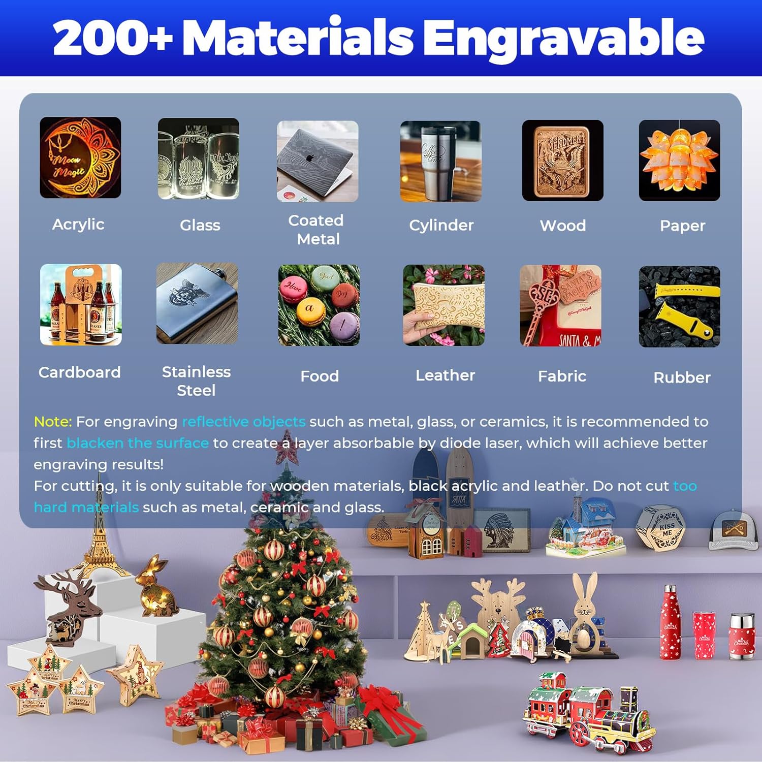 Collage of various materials and objects that can be engraved by the SCULPFUN iCube Pro, including wood, leather, acrylic, and metal.