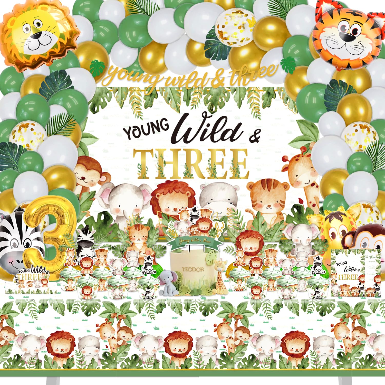Mpanwen Young Wild and Three Birthday Decorations for Boys Girls, 157 Pcs Jungle Safari Theme Party supplies for Baby - Young Wild & Three Backdrop, Cake, Cupcake Toppers, Cupcakes Wrappers, Balloons,