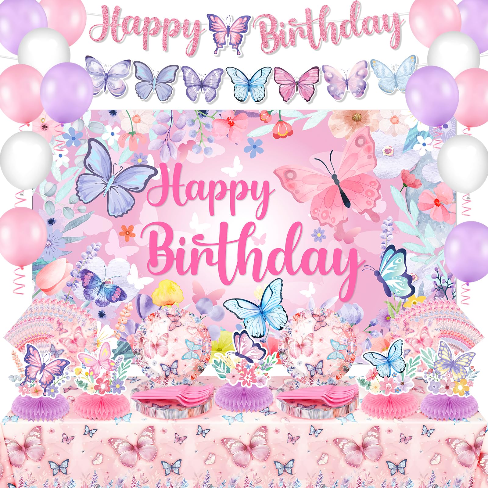 Butterfly Party Decorations Spring Pink Butterfly Happy Birthday Banner Backdrop Balloons Floral Plates Napkins Tablecloth Table Honeycomb