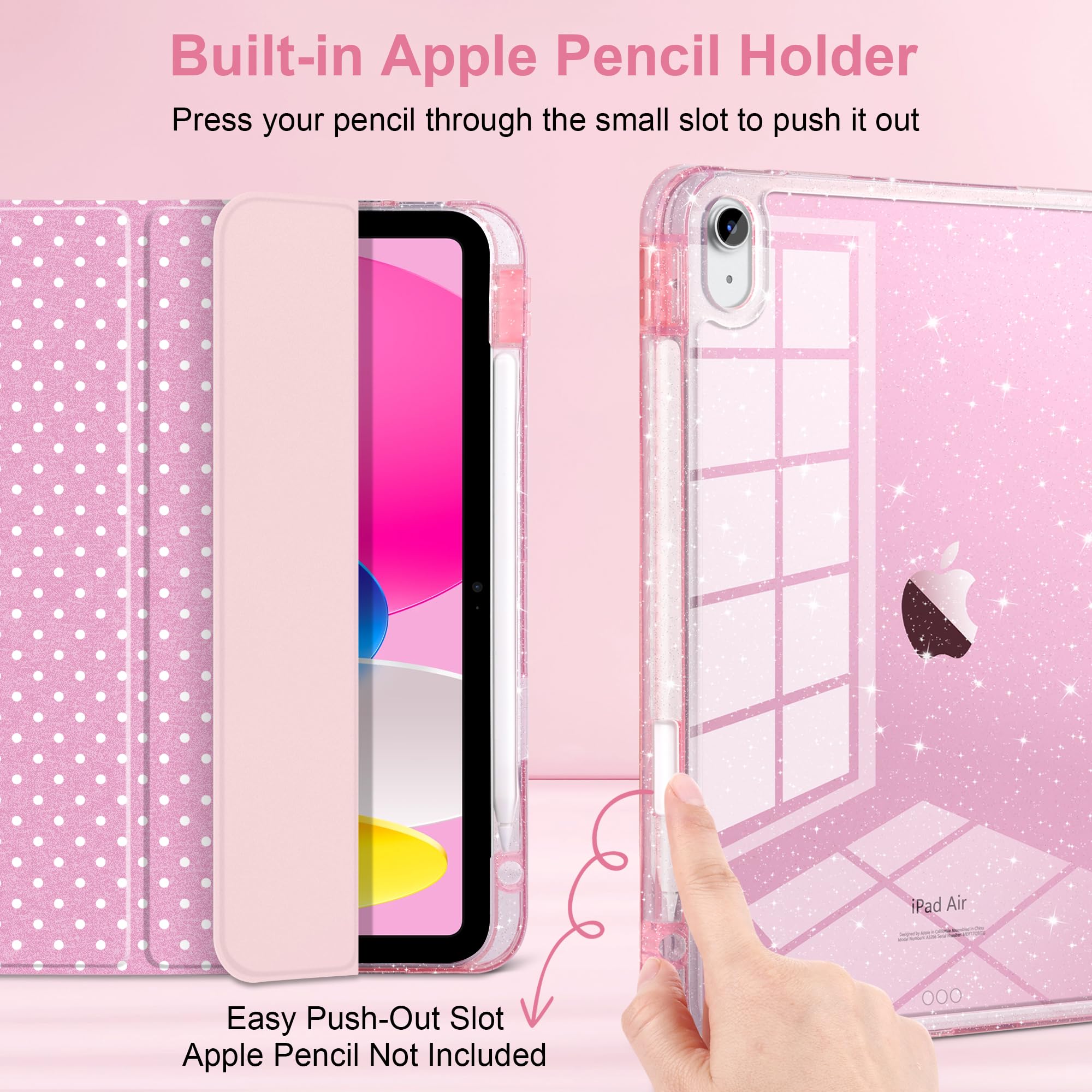 MEEgoodo Custodia per iPad Air 13" 2026 (M4) / 2025 (M3) / 2024 (M2), custodie per tablet glitterate con retro in acrilico trasparente + supporto a tre pieghe + portapenne, accensione e spegnimento