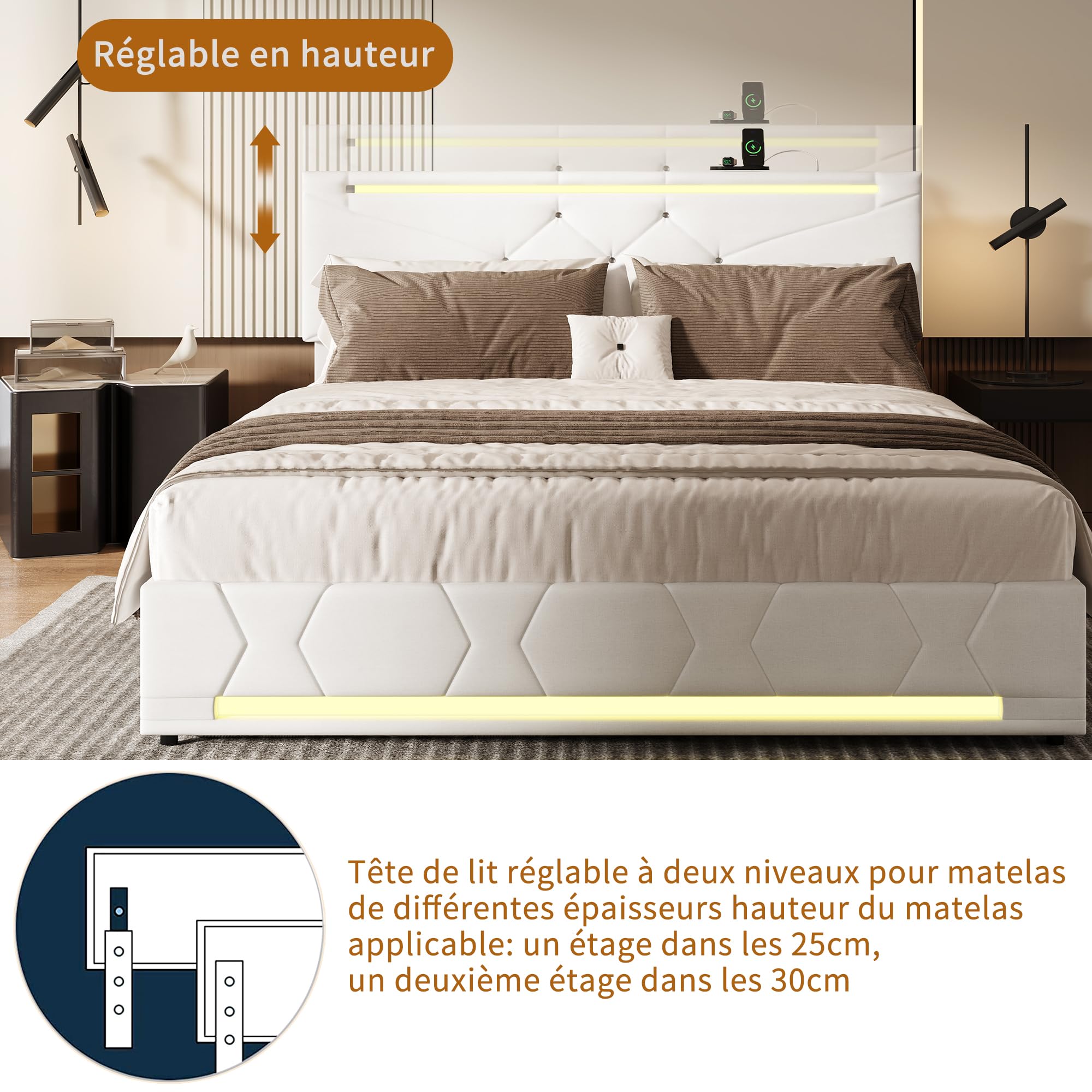 Letto matrimoniale contenitore, 160x200 cm, Letto Baule LED e Porte USB, testiera regolabile, Letto imbottito con contenitore idraulico, Struttura letto con rete a doghe, Lino (Beige/3, 160x200 cm)