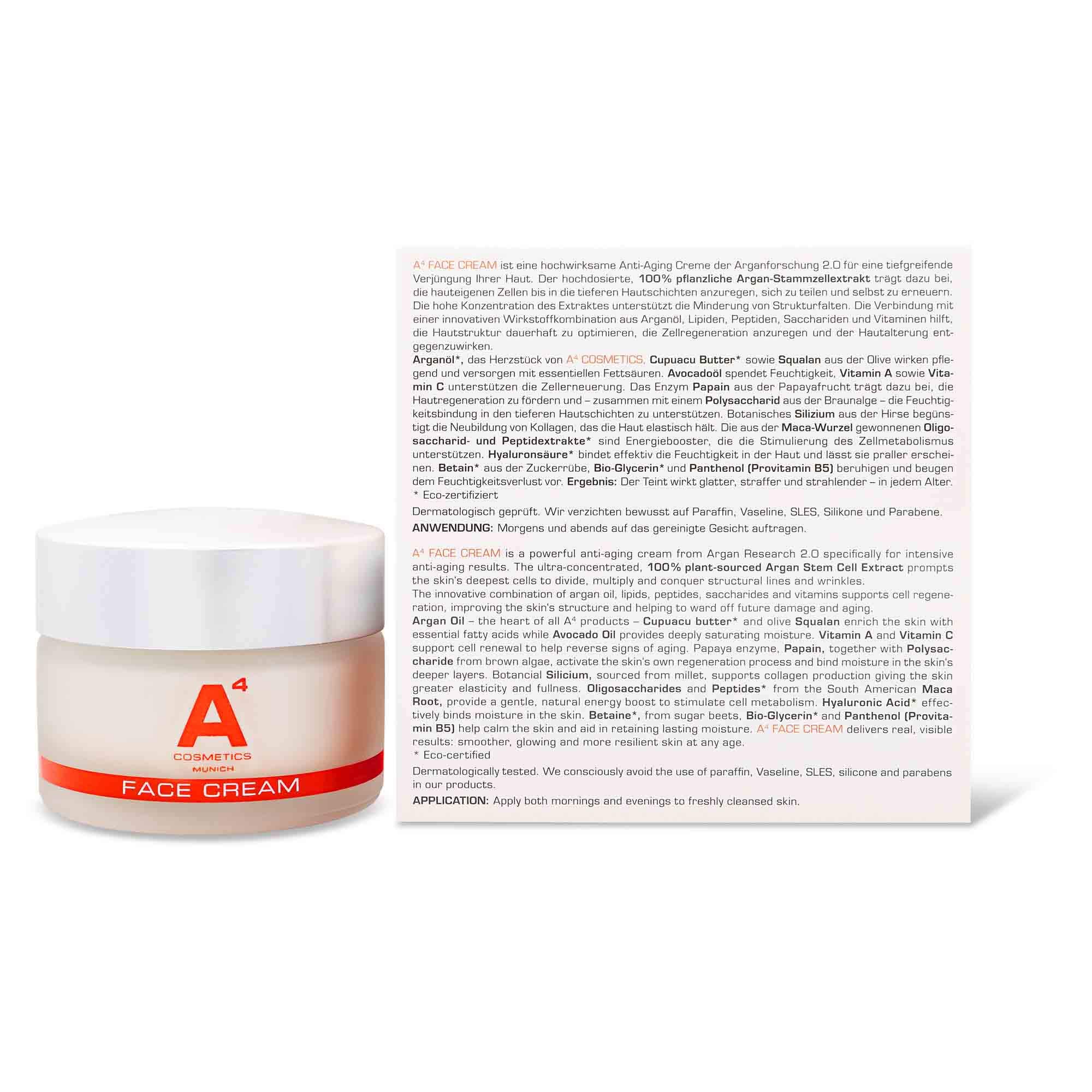A4 Face Cream - Gesichtscreme/Tagescreme/Anti-Aging Creme für die Hautverjüngung und Faltenreduzierung - 50 ml | Clean Beauty Wirkstoffkosmetik auf natürlicher Basis