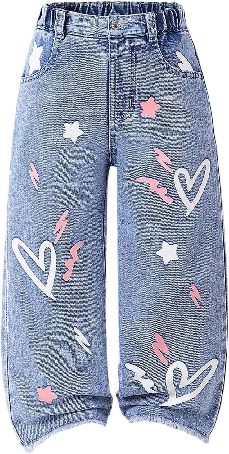 GORGLITTER Girl's Cute Baggy Jeans Heart Print High Waisted Straight Wide Leg Y2K Casual Denim Pants Preppy Clothes