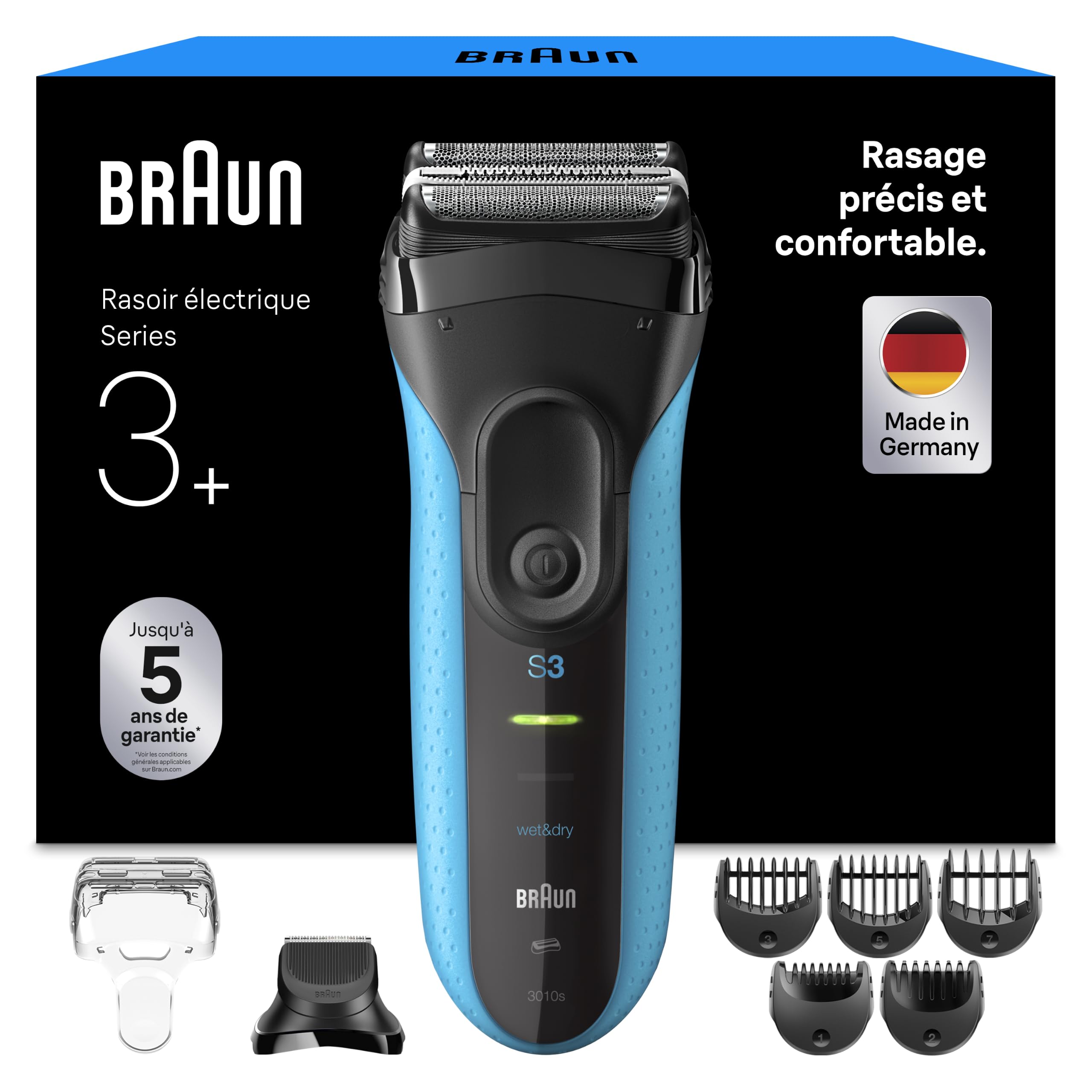 Braun Rasoir Électrique Homme Series 3 3010BT, Bleu | Etanche, Batteries Rechargeables, Lames Flexibles, Peigne MicroComb, Coffret avec Accessoire Tondeuse à Barbe, 5 Sabots