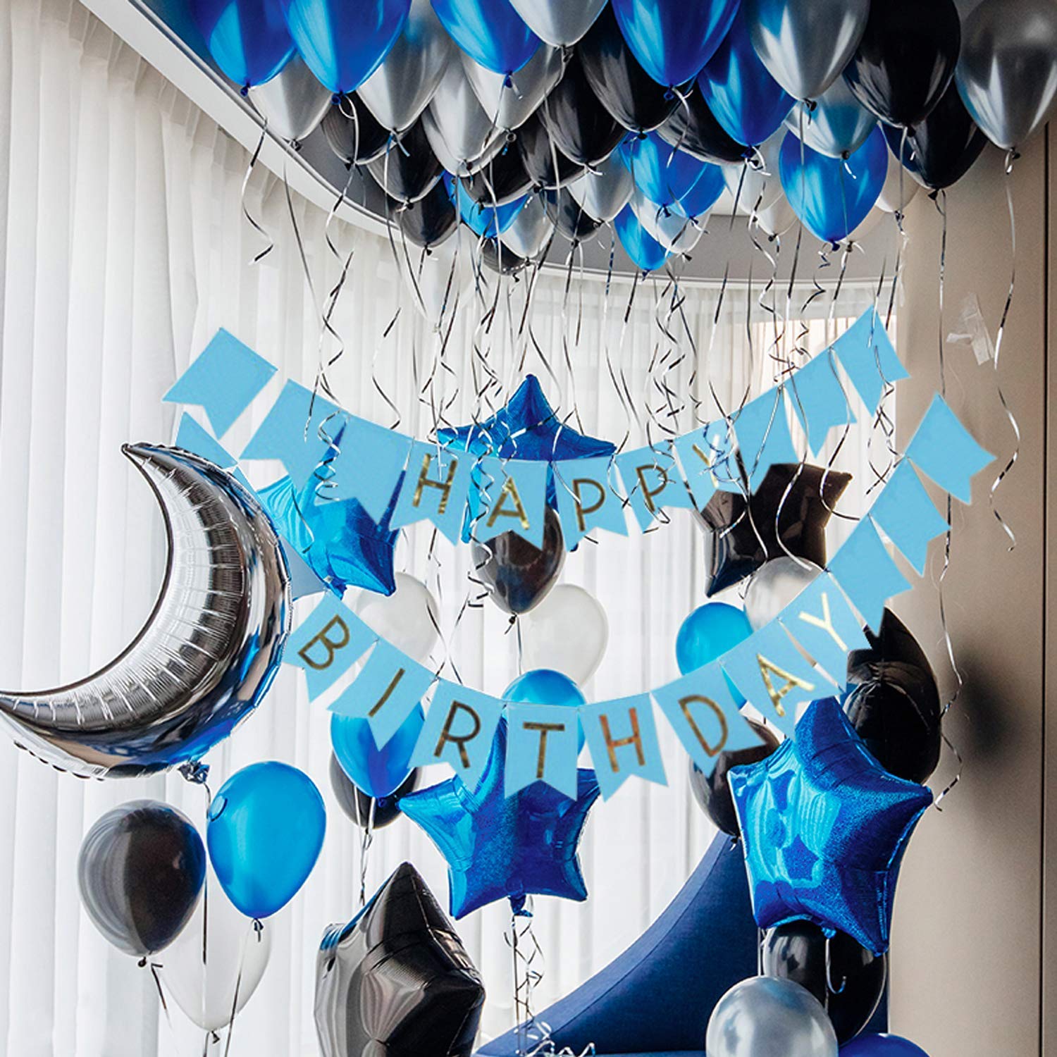Theme My Party Blue and Silver Black with Blue Star foil Happy Birthday Banner Party Decorations