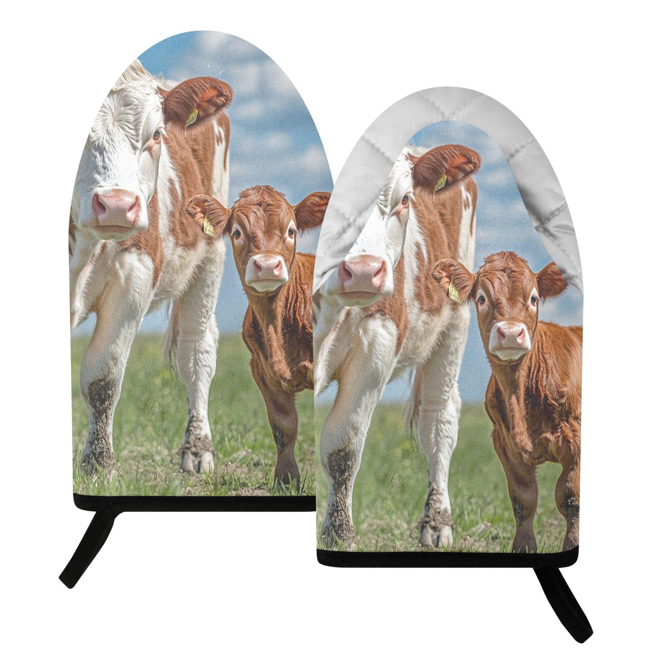 Kutsu Cows in Pasture Oven Mitts for Kitchen, Heat Resistant Cotton Oven Gloves for BBQ Baking Cooking, Breathable Kitchen Essentials, 2 pcs