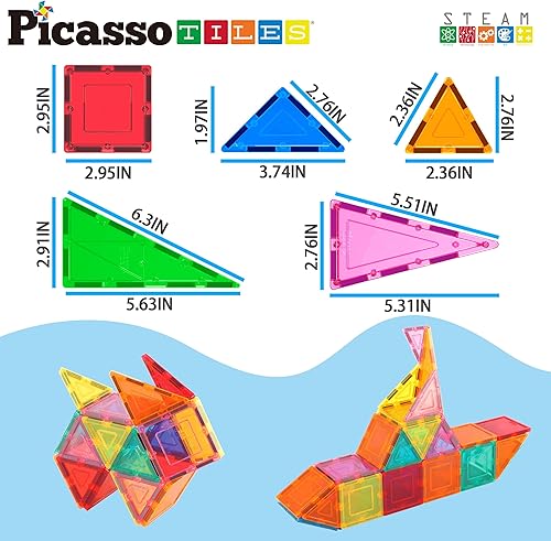 Miniatura 6 de PicassoTiles Juego de 36 piezas de bloques de construcción magnética de construcción magnética cuadrados, triangulares, kit de juguete que chispa