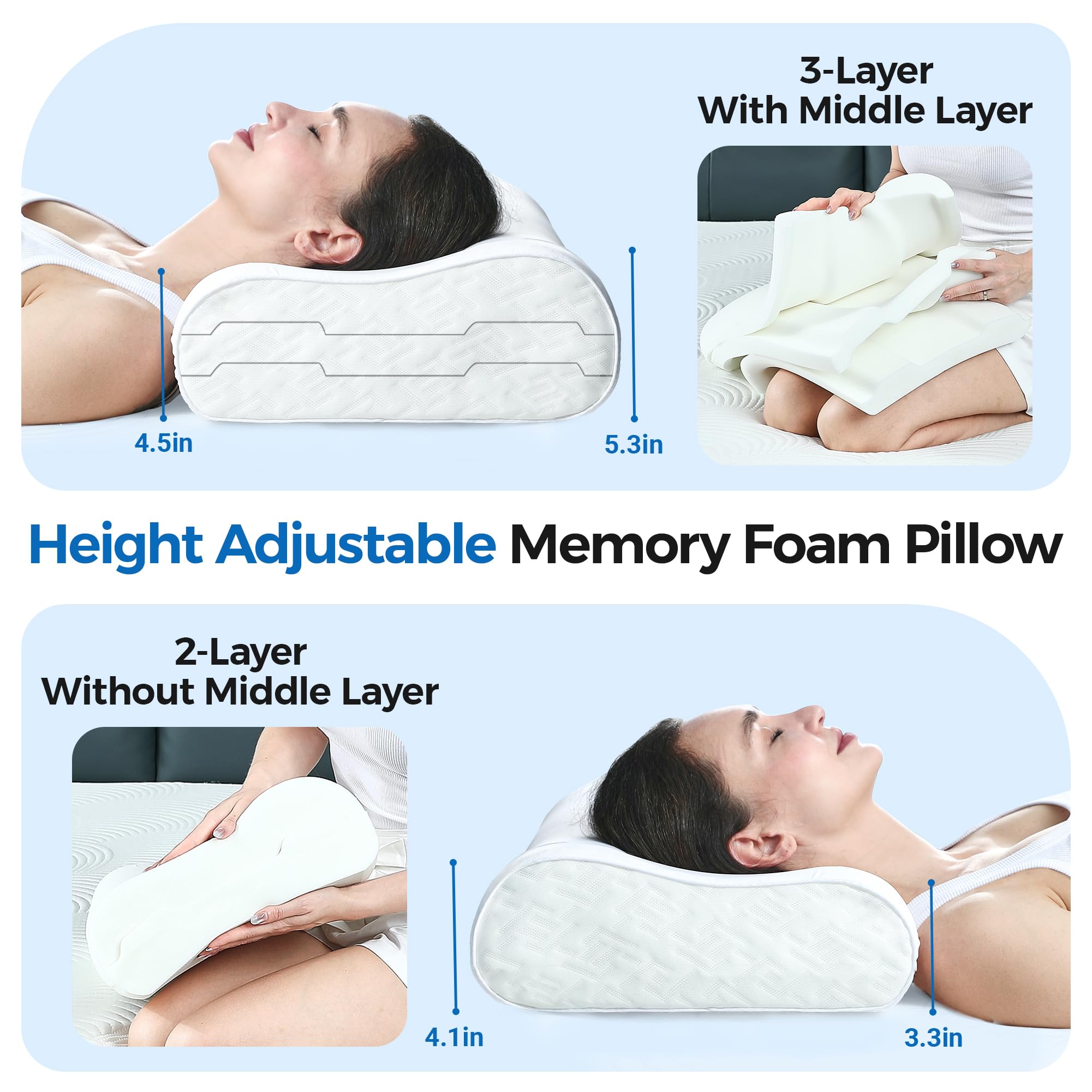 Elviros Ergonomisches Nackenstützkissen aus Memory Foam, Höhenverstellbares Sandwichkissen für Seiten- und Rückenschläfer, Kissen mit Abnehmbarem Atmungsaktivem Bezug, 60x35,5x13,5cm