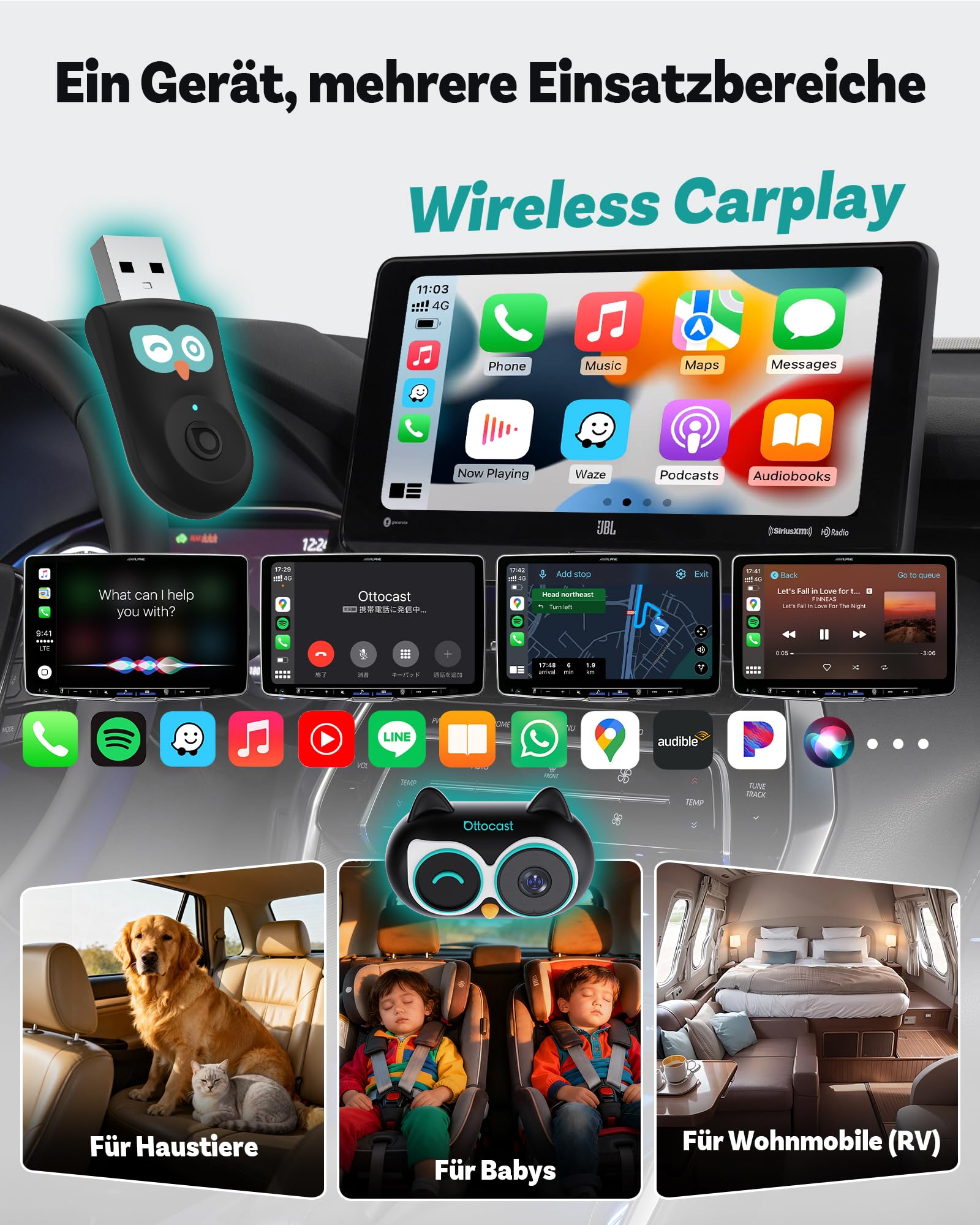 OTTOCAST 2-in-1 Baby Auto Kamera & Wireless CarPlay Adapter, 1080P HD, Echtzeit-Anzeige auf Originalen CarPlay Bildschirm, USB Plug & Play, Nachtsicht & 150° Weitwinkel, für Eltern & Haustierbesitzer