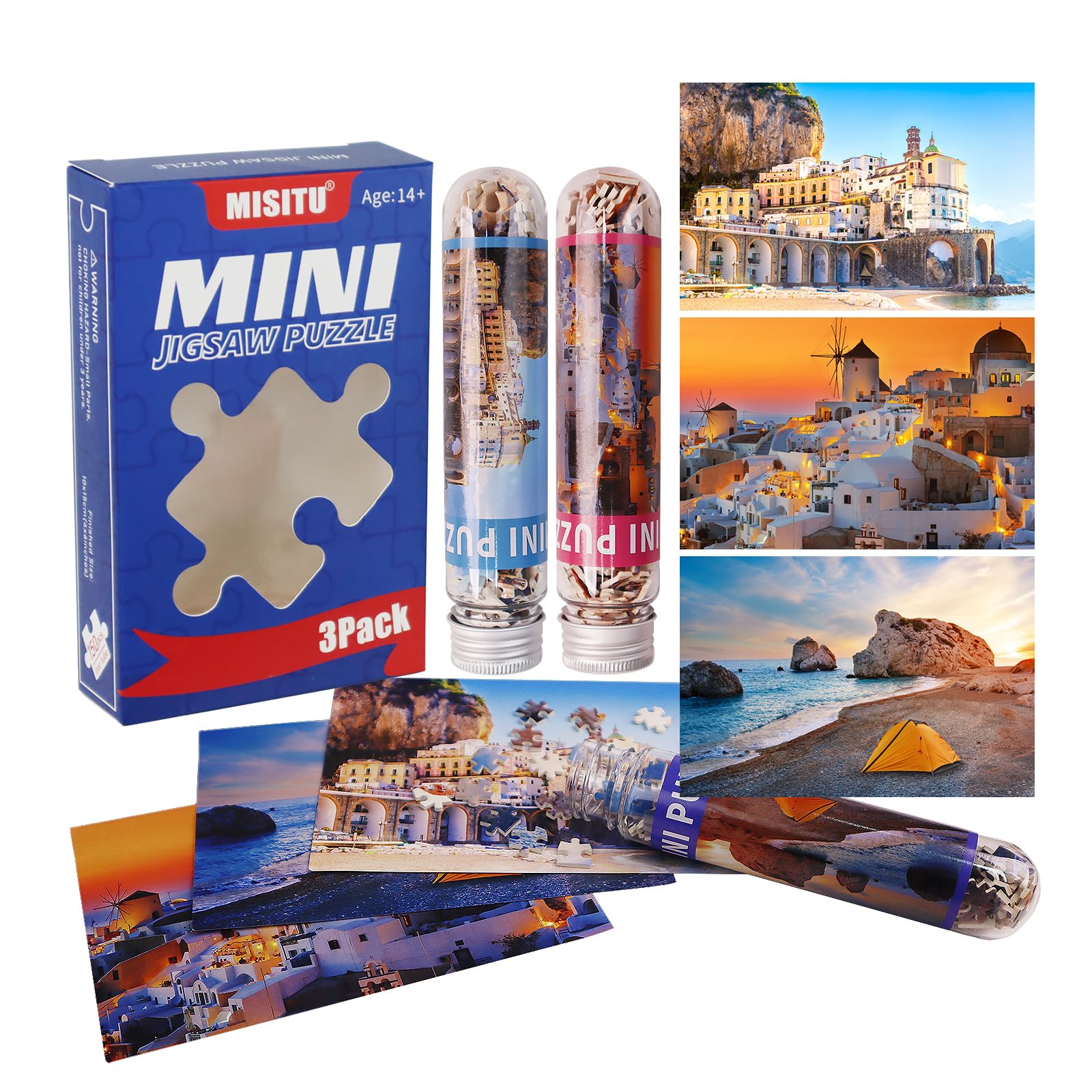 MISITU 3 Pack Mini Jigsaw Puzzles 150 Pieces for Adults Santorini Challenging Game Travel Puzzle Home Decoration Gift for Women Men