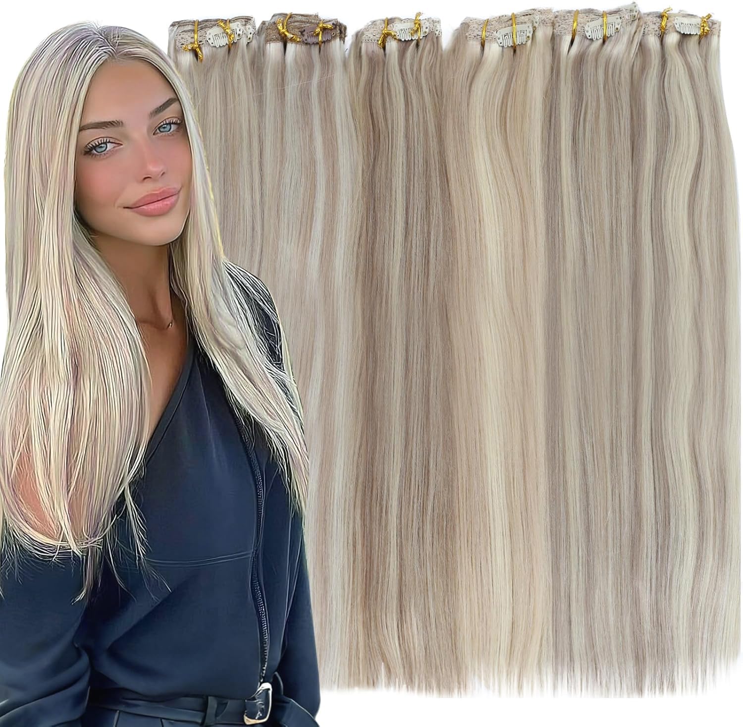 Moresoo Human Hair Extensions Clip in Real Hair Ash Blonde with Bleached Blonde Clip in Hair Extensions Remy Human Mid-length Hair Layered Add Volume 14 Inch 5pcs/80g #P18/613 — view 27