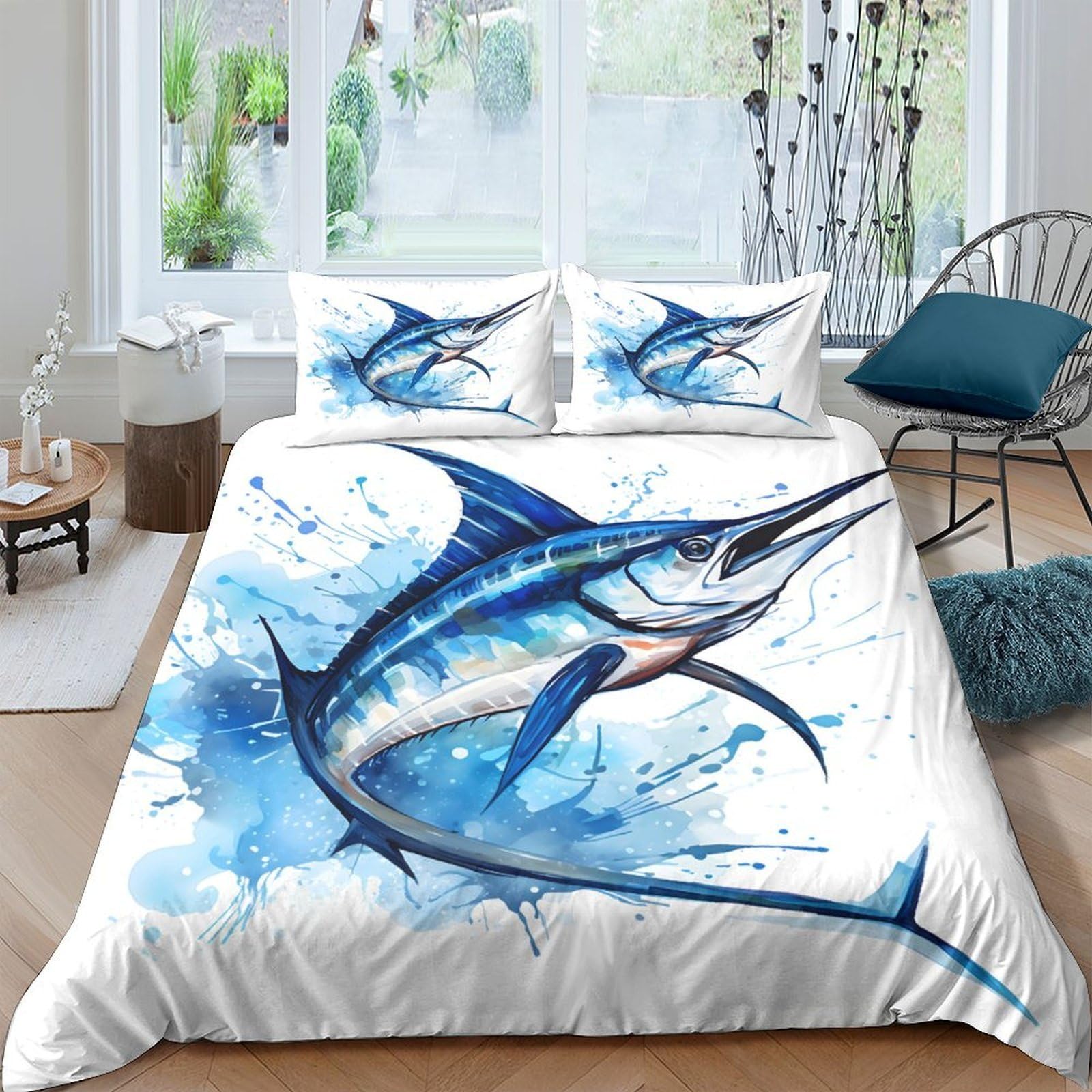 Ctjqhvkz Style-6 3D Printed Blue Marlin Fitted Sheet Microfiber Soft Bed Cover Splash Art Mattress Cover For Bedroom Guest Room Decor Single（135X200cm）