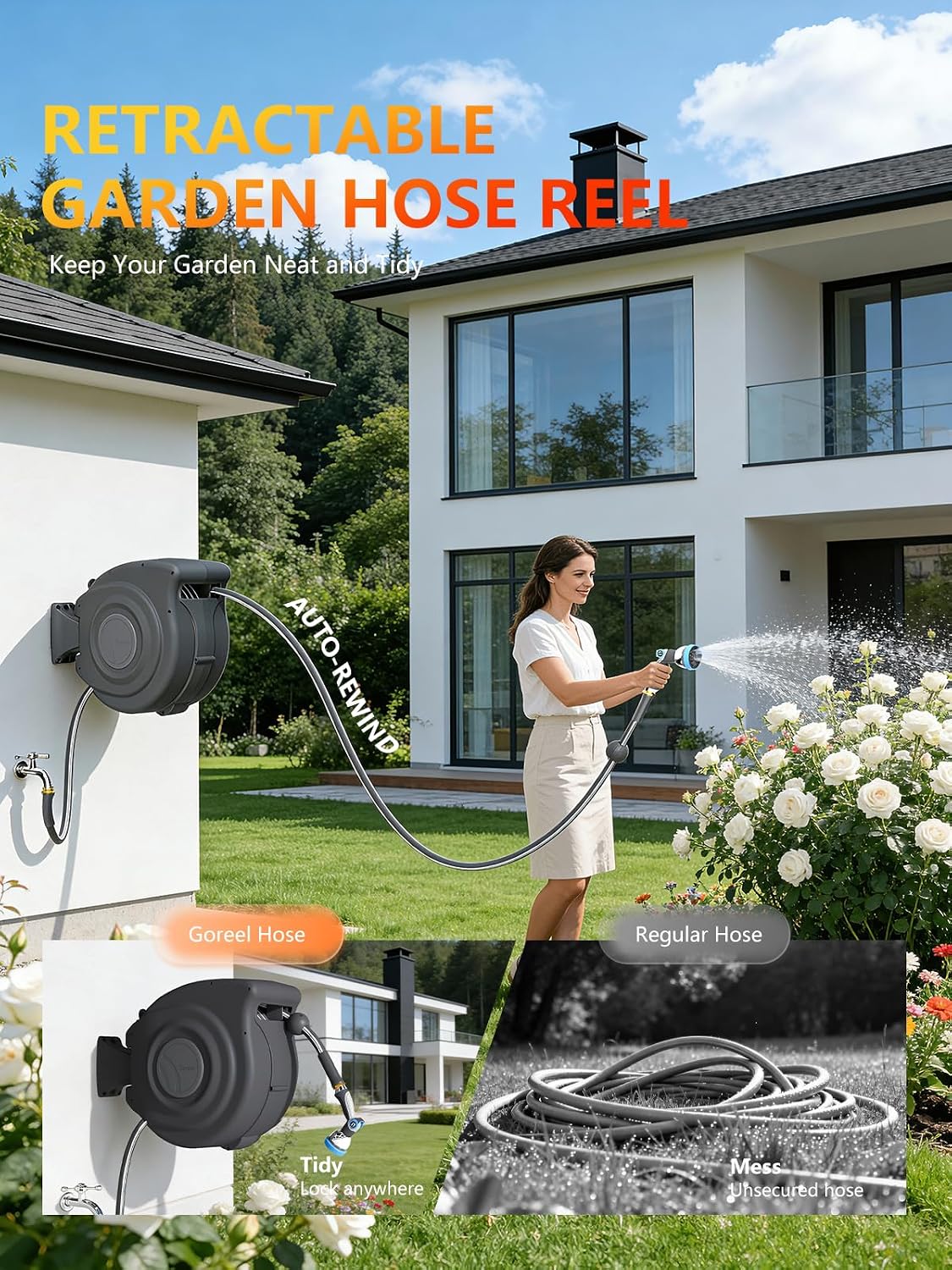 Retractable Garden Hose Reel 5/8 in x 65 ft Heavy Duty Automatic Water Hose Reel with 10-Function Sprayer Nozzle Kink-Free Auto Rewind Any-Length Lock 180° Swivel UV Resistant - Dark Gray