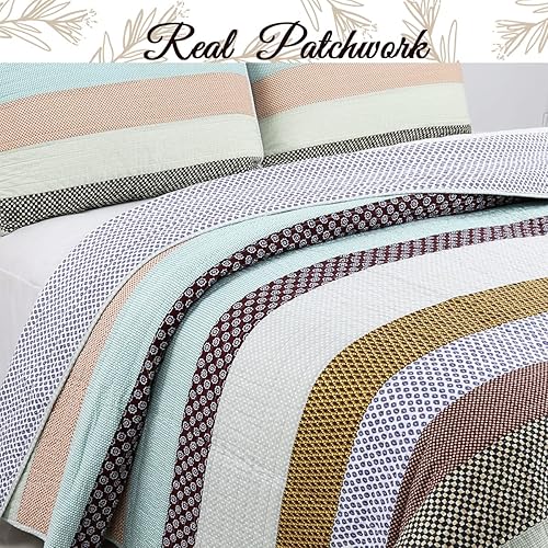 Miniatura 2 de Cozy Line Home Fashions Juego de ropa de cama reversible 100% algodón, colcha de cuadros a rayas de casa de campo (rayas nesco, tamaño King, 3