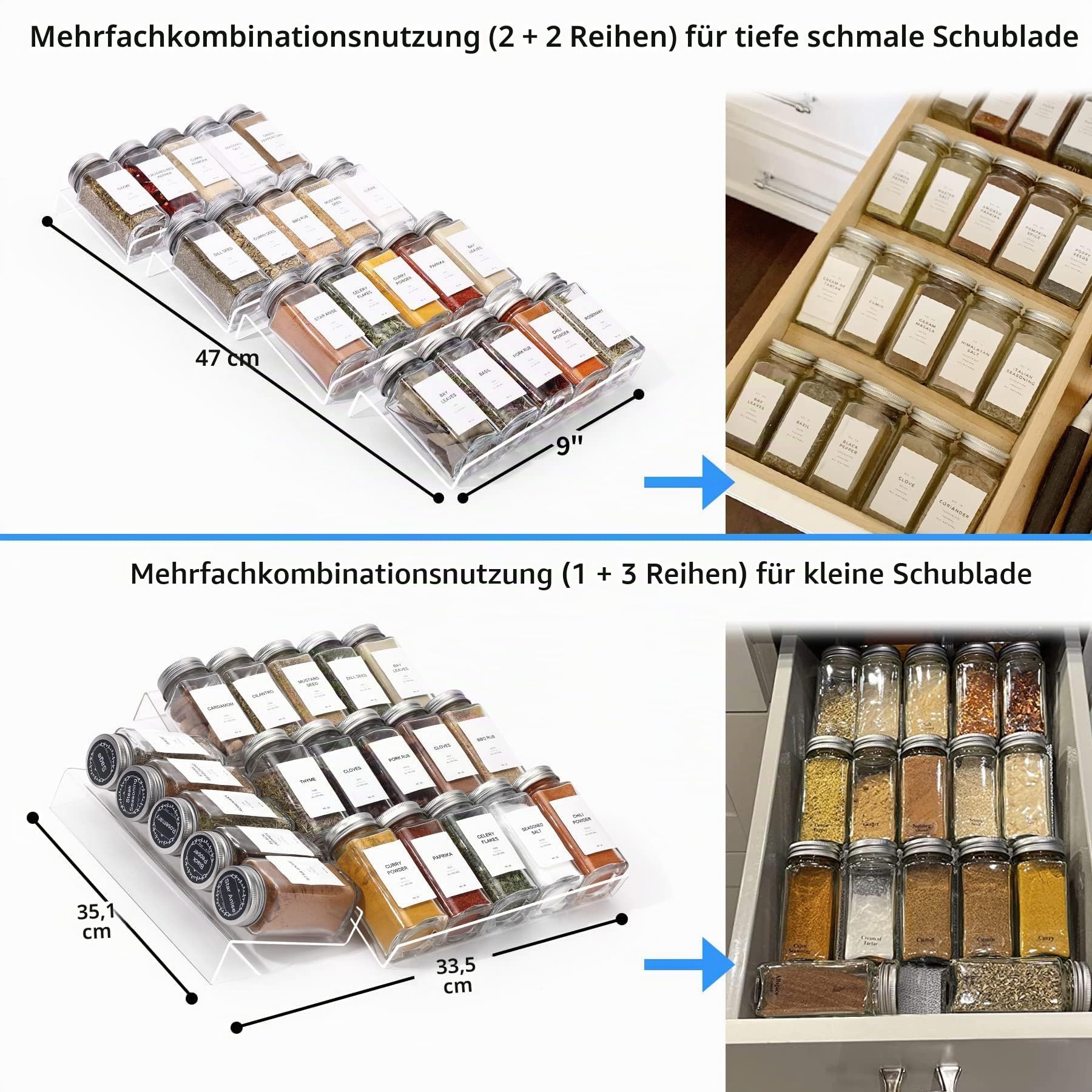 MIUKAA Gewürzschubladen-Organizer aus transparentem Acryl, 4 Etagen, 2 Set, Küche, Gewürzregal für Schubladen/Arbeitsplatte (Gläser nicht im Lieferumfang enthalten)