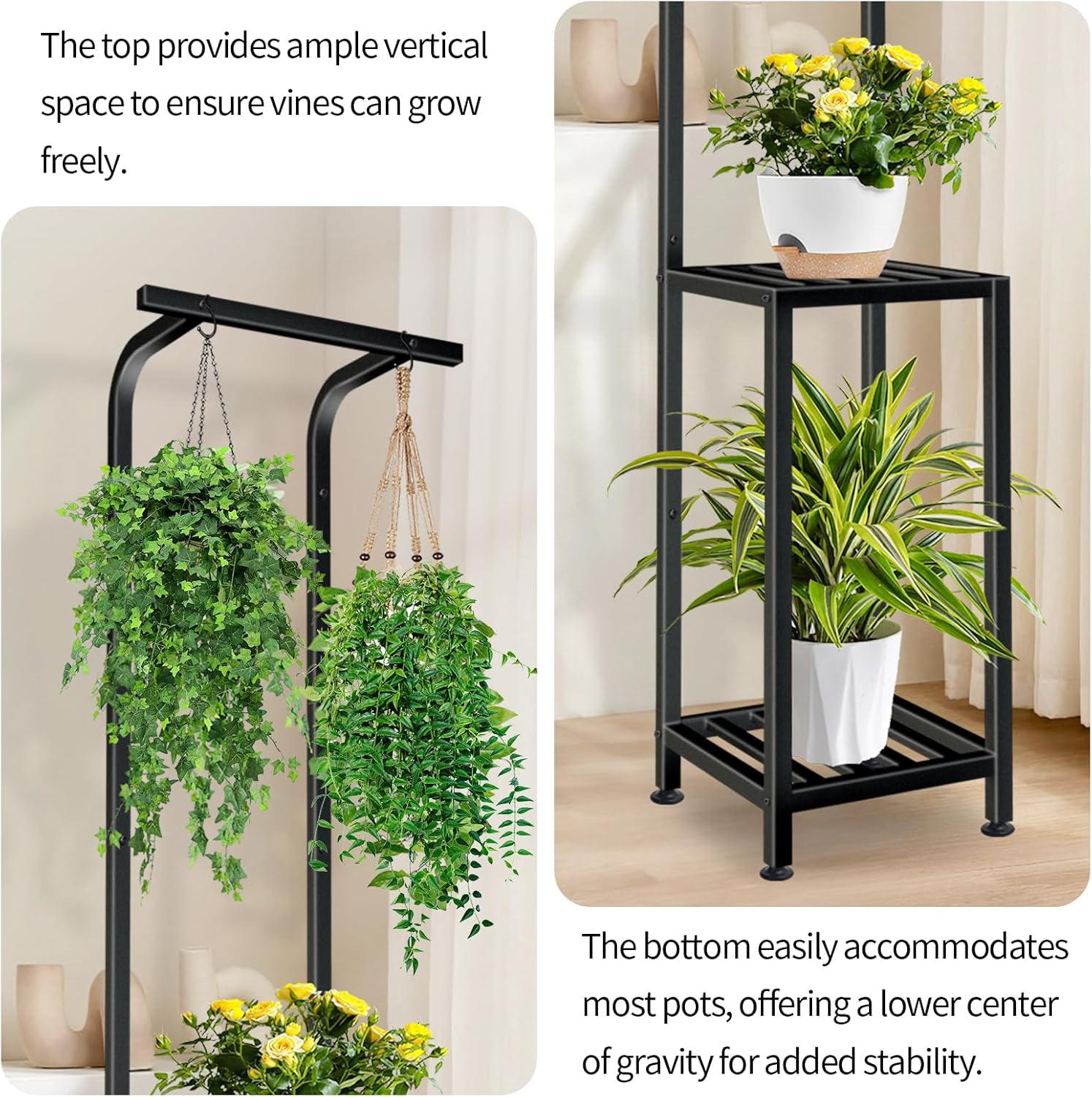 Plant Stand Indoor Outdoor, 65" Tall Plant Stand Outdoor 3 Tiered Hanging Plant Shelf Heavy Duty Flower Stand Multiple Plant Metal Display Rack for Living Room Garden Balcony