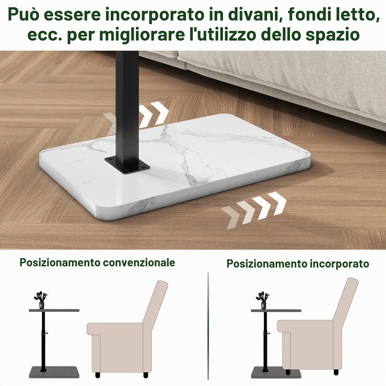 IBUYKE Tavolino a forma di C, girevole a 360°, regolabile in altezza, per stanze strette, con slot per telefono e tablet, per soggiorno, camera da letto, effetto marmo bianco TVT003BW