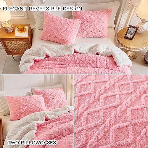 Miniatura 6 de Joyreap Juego de edredón de 3 piezas de sherpa de piel sintética esponjosa, color rosa, juego de edredón de lujo copetudo, para todas las