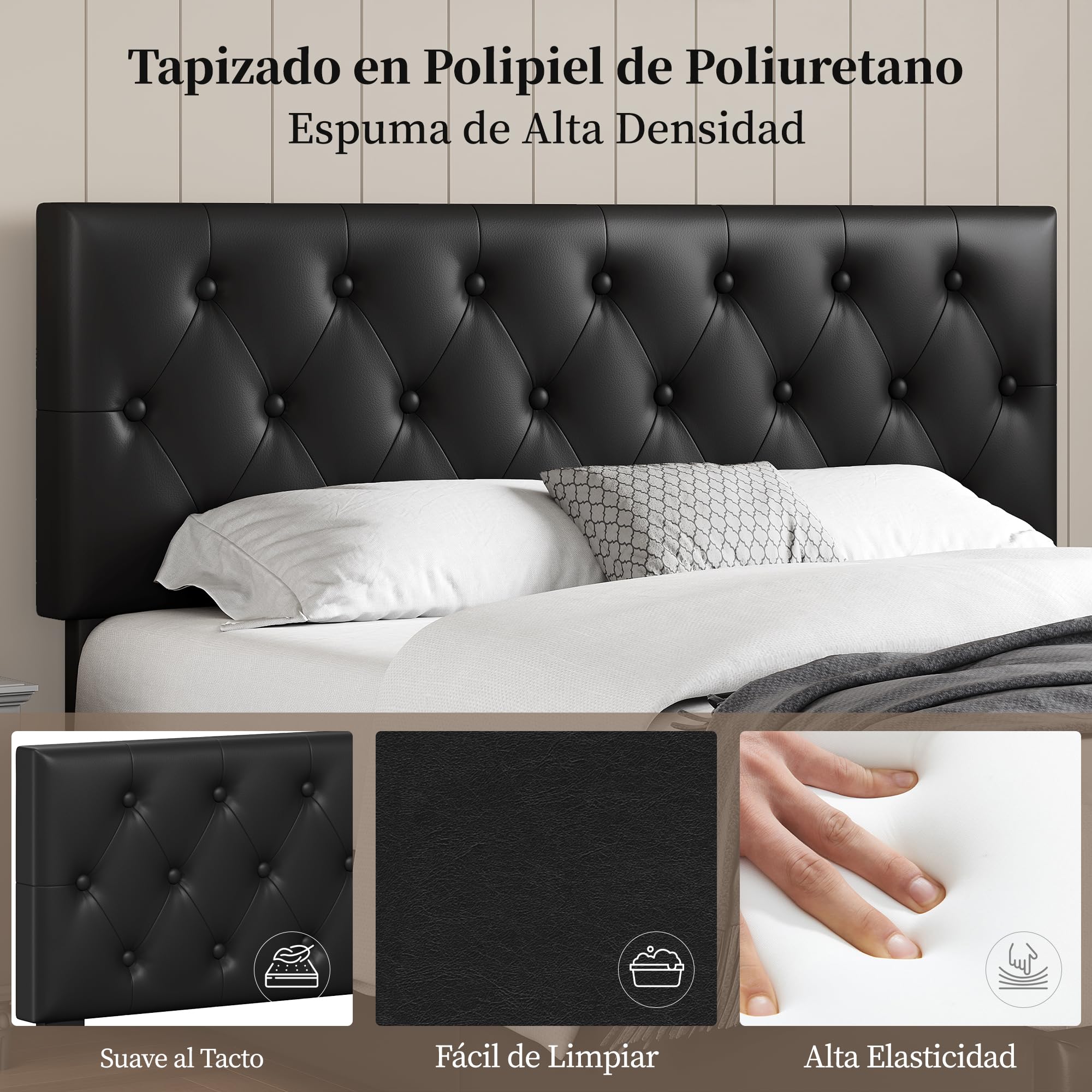 Yaheetech Cama Tapizado con Cabecero Ajustable en Altura 2 Cajones con Ruedas Espacio de Almacenamiento Cama Doble Matrimonial 160 x 200 cm Negro