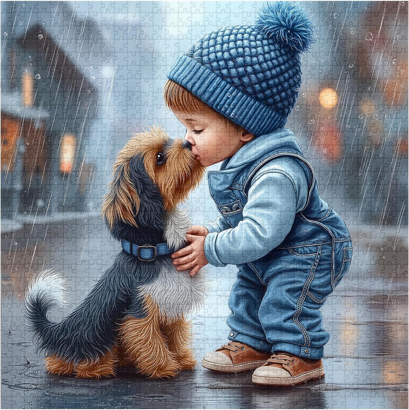 Cute Dog Puzzles for Adults 1000 Pieces, PICKFORU Friendly Kiss Love Hearts Jigsaw Puzzle, Impossible Difficult Rainy Puppy Theme as Home Decor