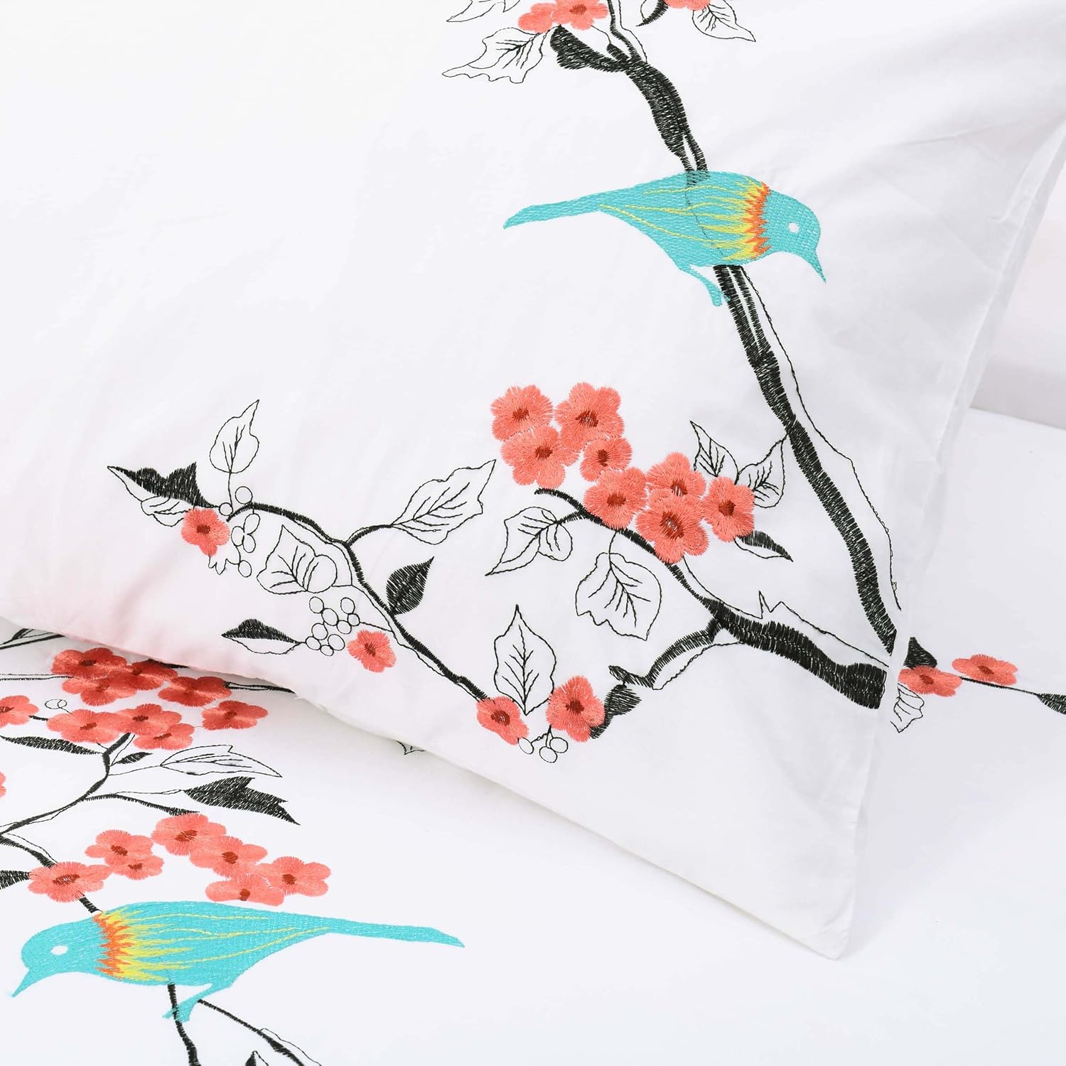 Superior Cherry Garden Cotton 200 Thread Count Duvet Cover Set, Comforter Cover, Bedding Essentials, Embroidered Cherry Tree with Birds, Includes 1 Duvet Cover, 2 Pillow Shams, Full/Queen, Coral