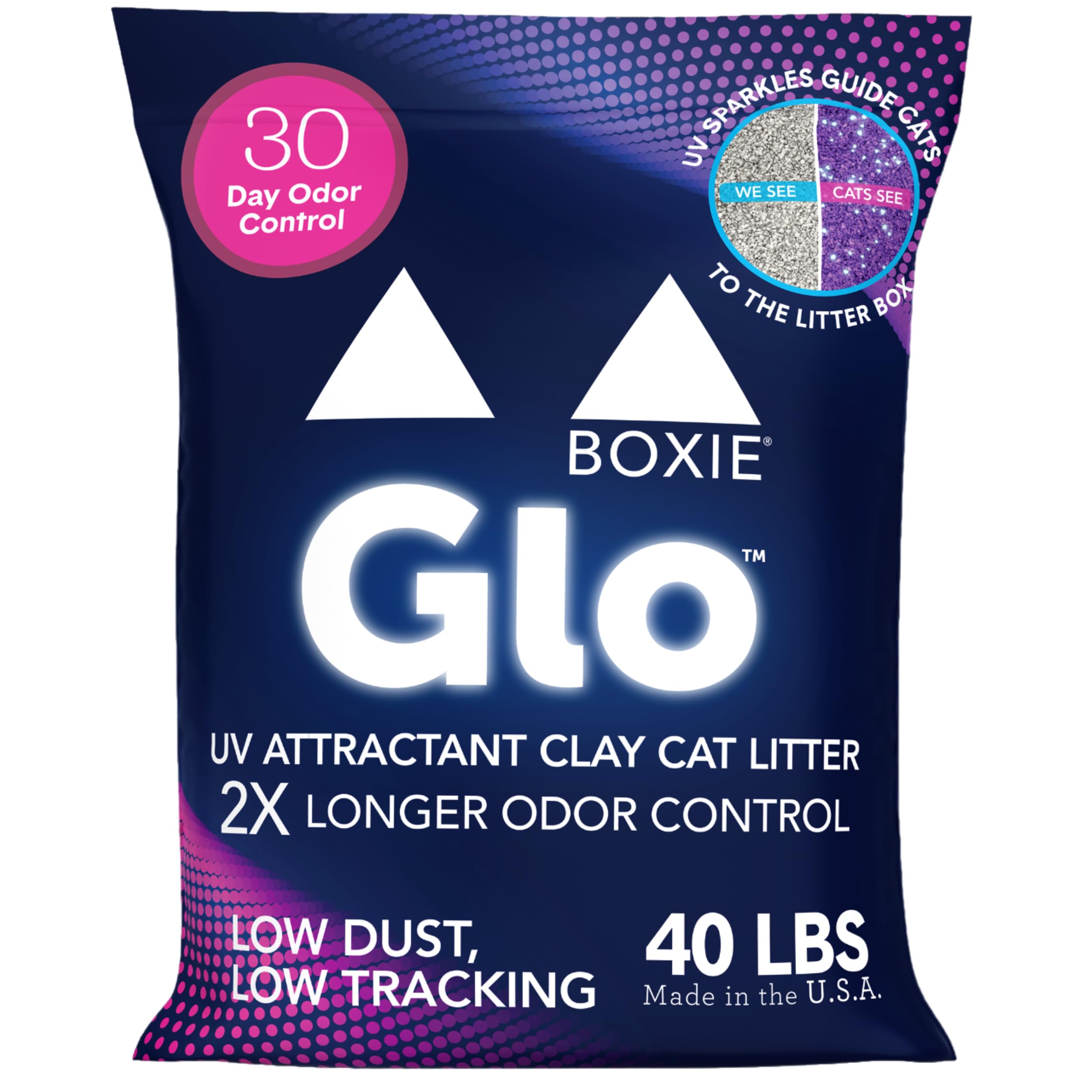 Boxie® Glo™ 30 Day Odor Control Clumping Clay Cat Litter, 40 lb, Multi-Cat, 99.9% Dust-Free, Low Tracking, UV Light Attractant, Superior Clumping for Easy Scooping