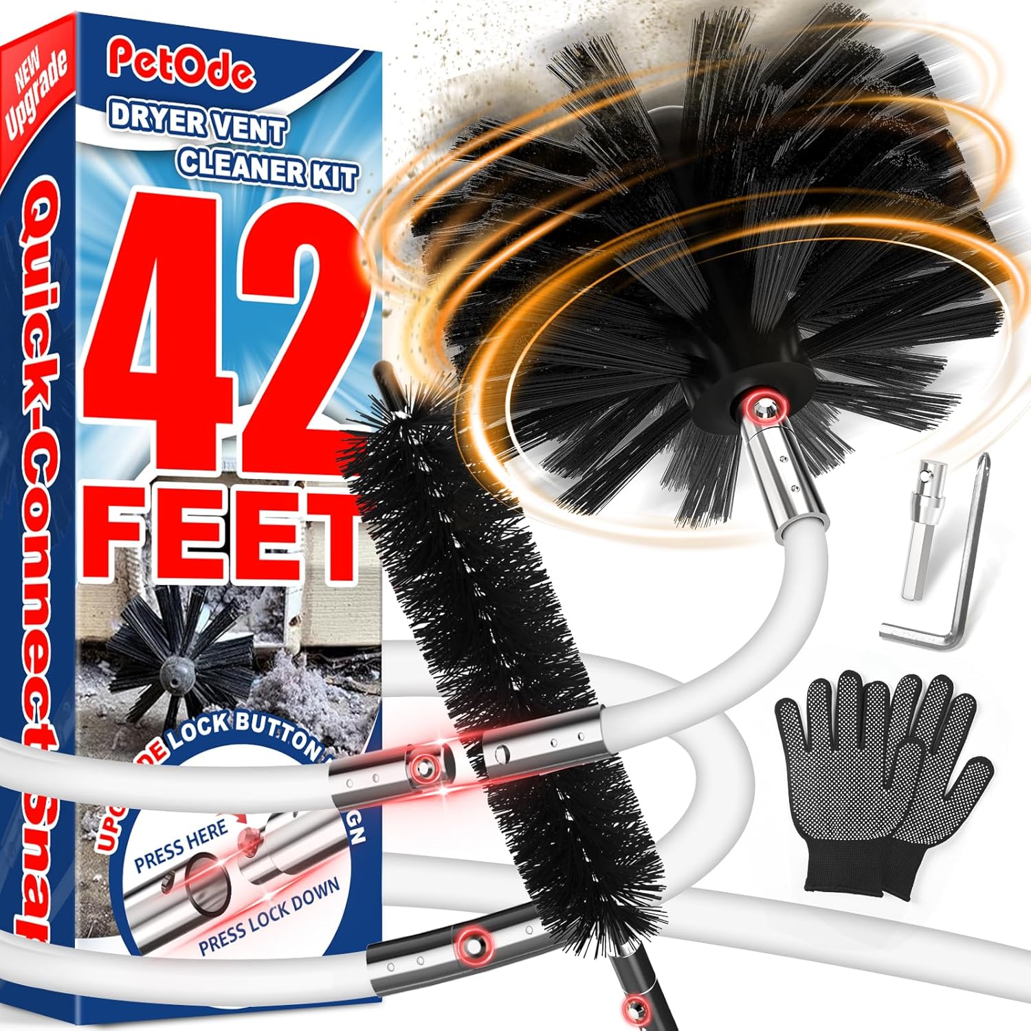 PetOde 42-Feet Dryer Vent Cleaner Kit, Lint Remover，Upgraded Flexible Quick-Snap Brush with Drill Attachment,Extends Up to 42 FEET for Easy Cleaning，Cleaning Tools Use with/Without a Power Drill