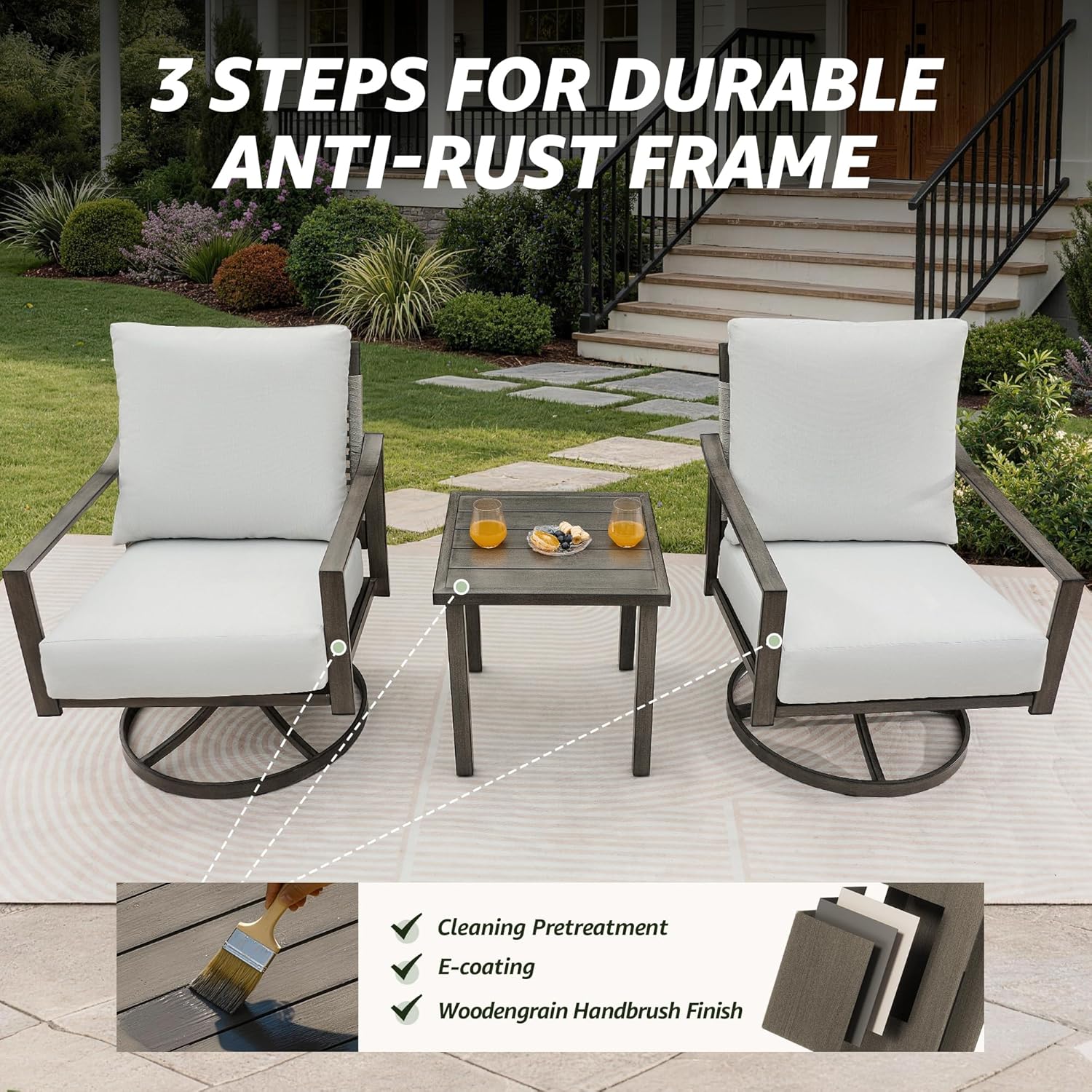 NATURAL EXPRESSIONS Patio Swivel Chairs Set of 2,Outdoor Rocker Chairs Set Patio Bistro Set with Hand-Woven Rope Back,3 Pieces Patio Furniture Sets with 6" Cushions for Backyard,Porch,Balcony,Deck