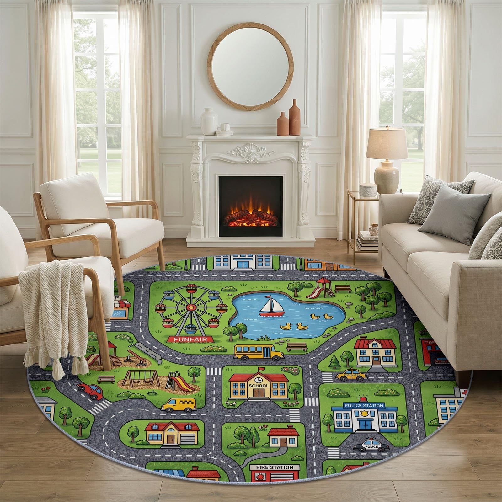 Tapis Rond Dessin Animé Ville 160 cm, Grande Roue Bus Scolaire Commissariat Lavable en Machine pour Salon, Antidérapant, Tapis Imprimé pour Salle à Manger, Chambre d’Enfant, Nurserie, Vert