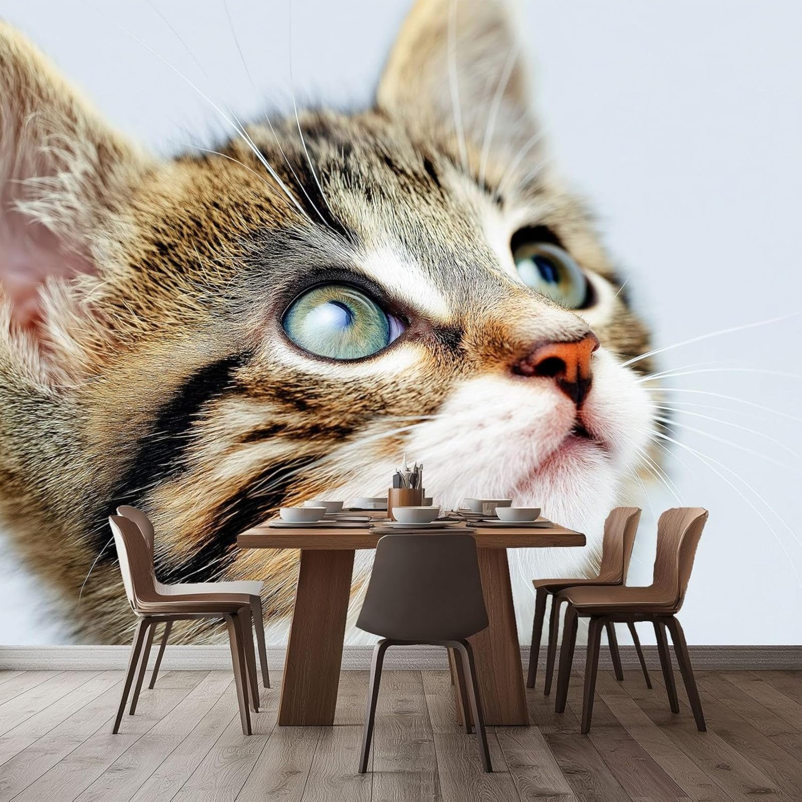 Animal Portrait Photo Wallpaper, Cats, Light Grey, 3D, for Bedroom, Living Room, Sofa or TV Background - Non-woven Wallpaper, Wall Decoration, 250cm x 175cm, Stickers - Frameless Painting - Poster