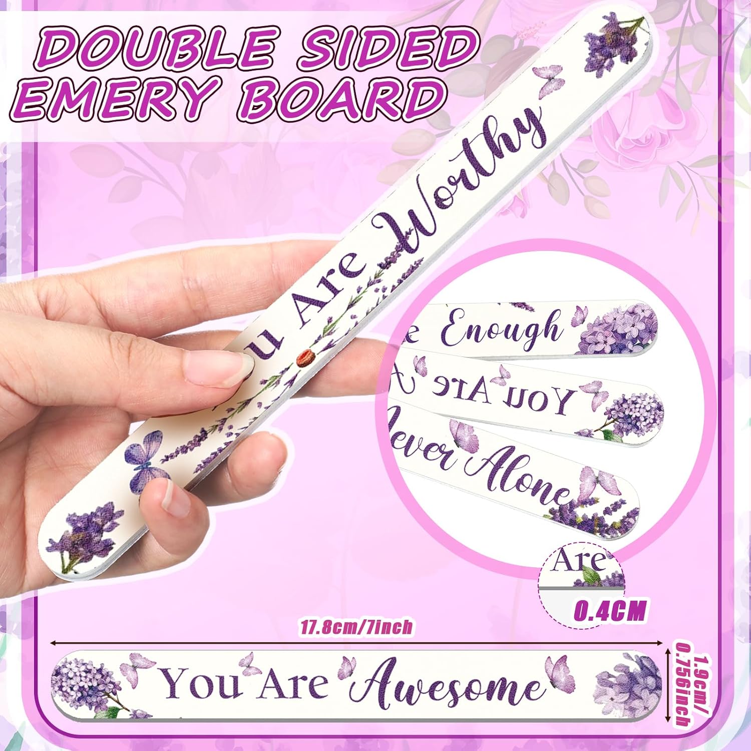 Therwen 50 Pcs Mothers Day Gifts Bulk Floral Christian Nail File Small Mom Women Church Gift Bulk Double Sided Emery Board Nail File Tool for Mother's Supply(Purple Flowers Inspirational)