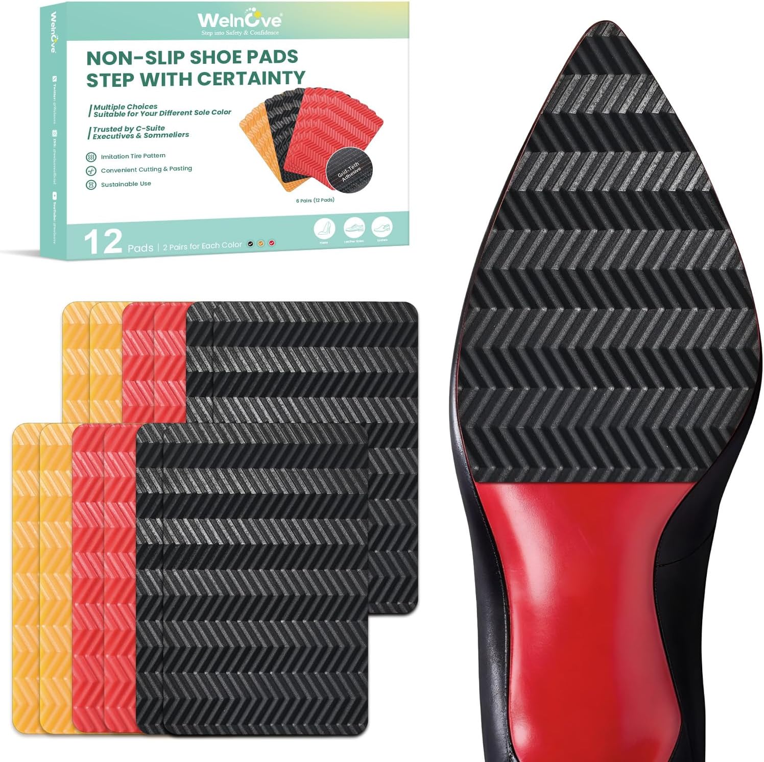 Shoe Sole Protector, V-Tread Anti-Slip Shoe Grip Pads for Bottom of Shoes, Self-Adhesive Rubber Sole Guard for High Heels, Boots & Flats, 12 Pack/6 Pairs (2 Red+2 Black+2 Yellow)