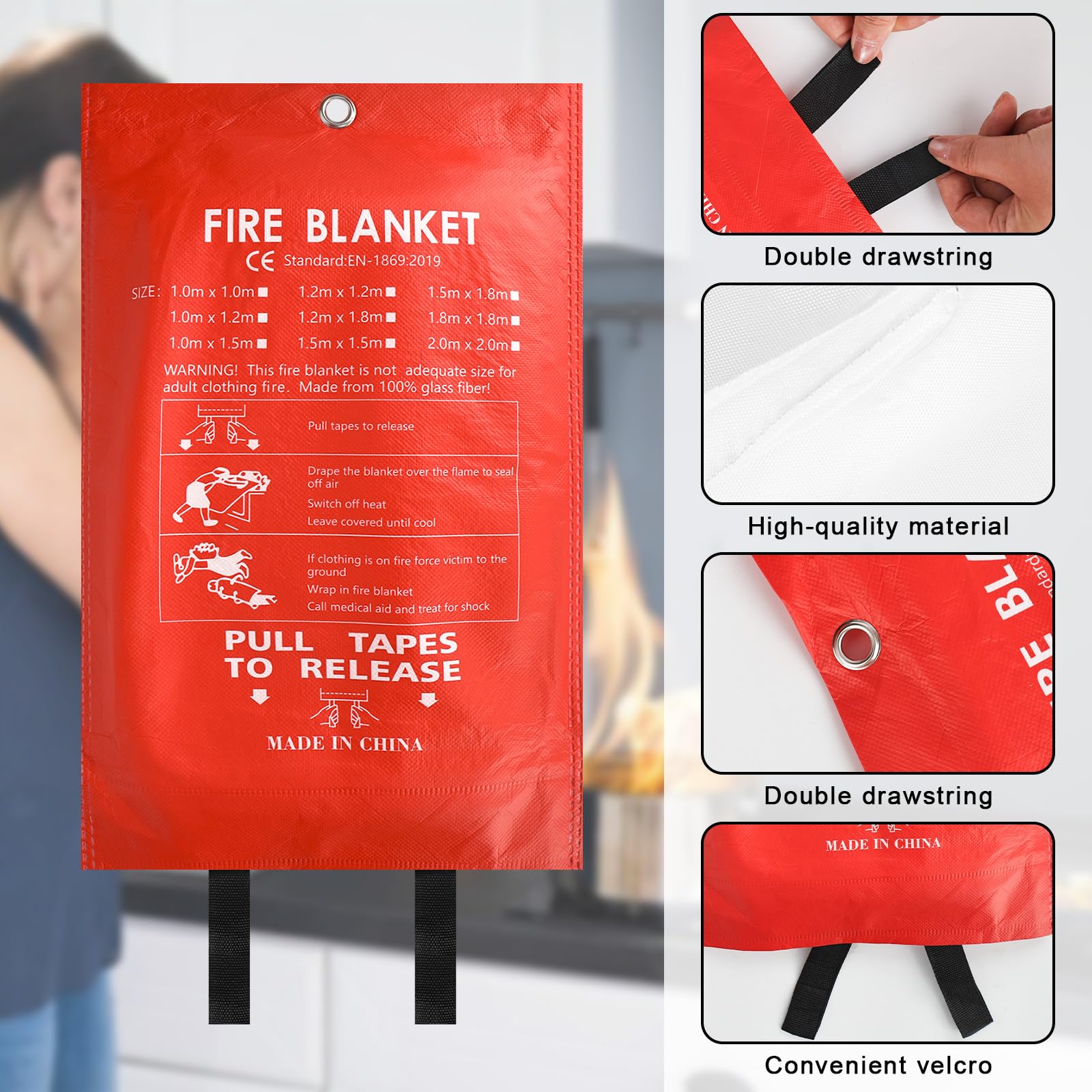 4 Pièces Couverture d'urgence Ignifugée, Couvertures Anti-Feu Ignifuge pour Maison Cuisine, 100x100CM Couverture D'Incendie de Secours de Fibre de Verre pour Bureau Camping Fourneau Garage
