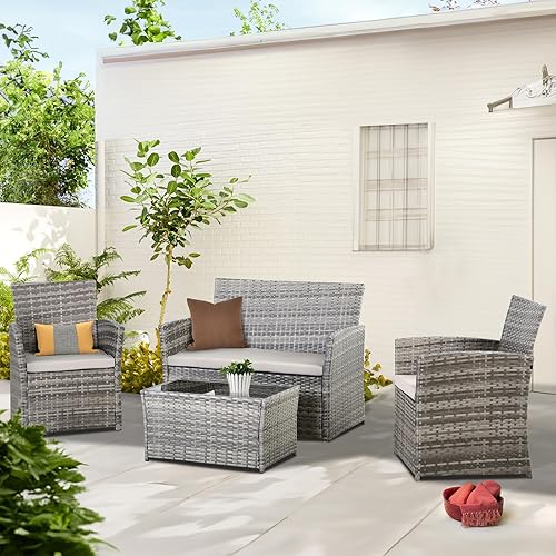 Miniatura 4 de PORWEY Muebles de patio al aire libre, juego de sofá seccional de 4 piezas, muebles de balcón, sillas de mimbre de ratán con mesa y sofá biplaza