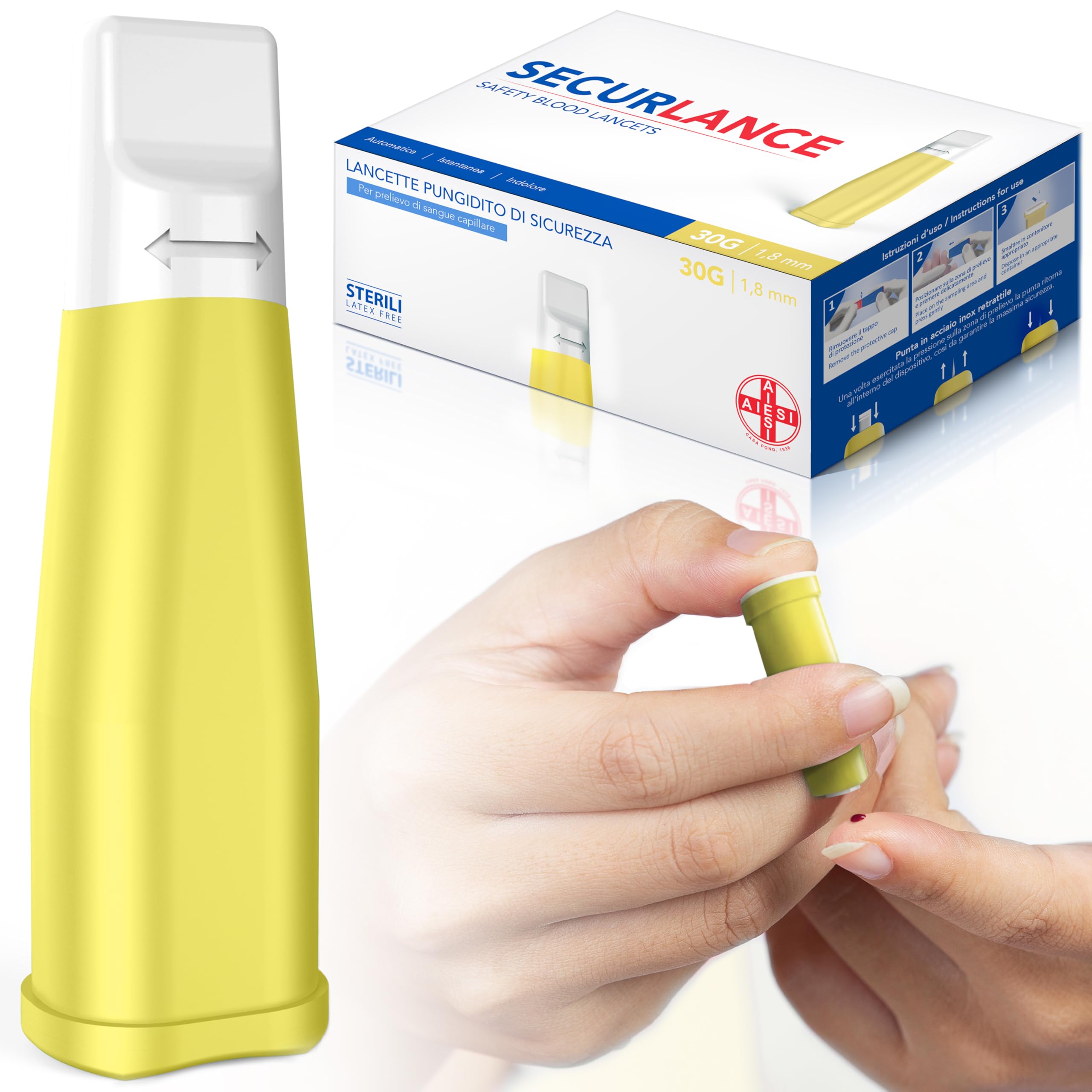 AIESI® Lancette pungidito per glicemia 30G (100 pezzi) sterili con sistema di sicurezza e punta in acciaio inox retrattile SECURLANCE