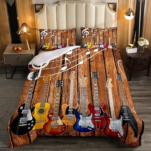 Erosebridal Juego de ropa de cama de guitarra, tamaño individual, juego de edredón de música hiphop rock, hippie, rock, notas musicales, edredón de