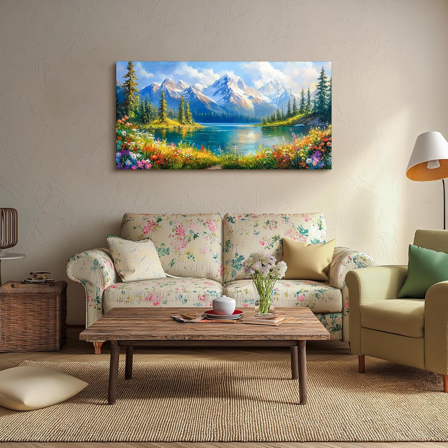 Lake Landscape Wall Art, Wildflower Snow Mountain Forest Artwork, Nature Sunny Paintings Prints Living Room Decor (60x120cm/No Frame)