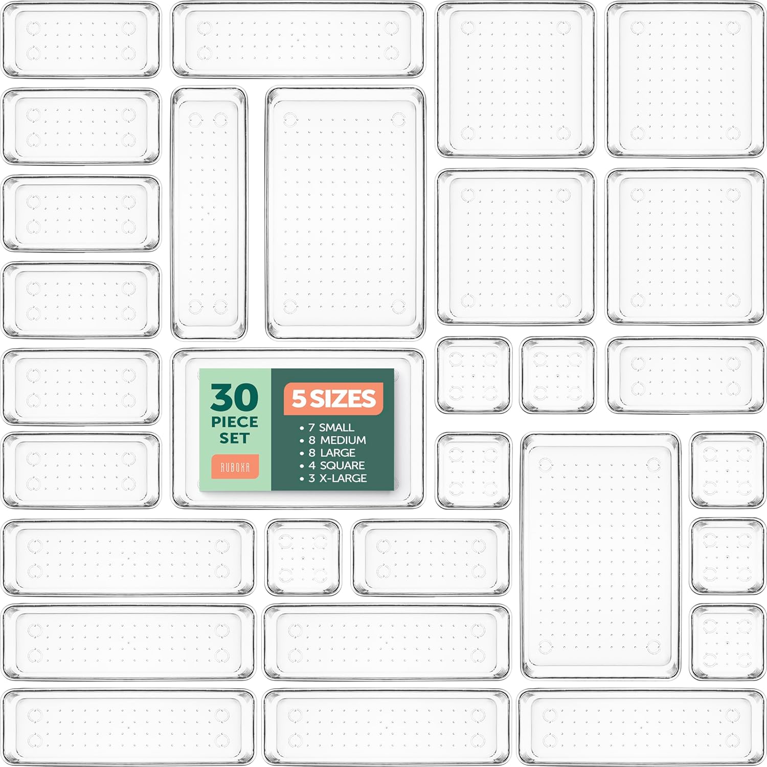 30 PCS Clear Plastic Drawer Organizers Set, 5 Sizes Clear Drawer Organizers & storage Bins for Makeup/Jewelry Vanity, Kitchen Gadgets Or Office Desk. Bathroom Drawer Organizer Trays With Non-Slip Pads