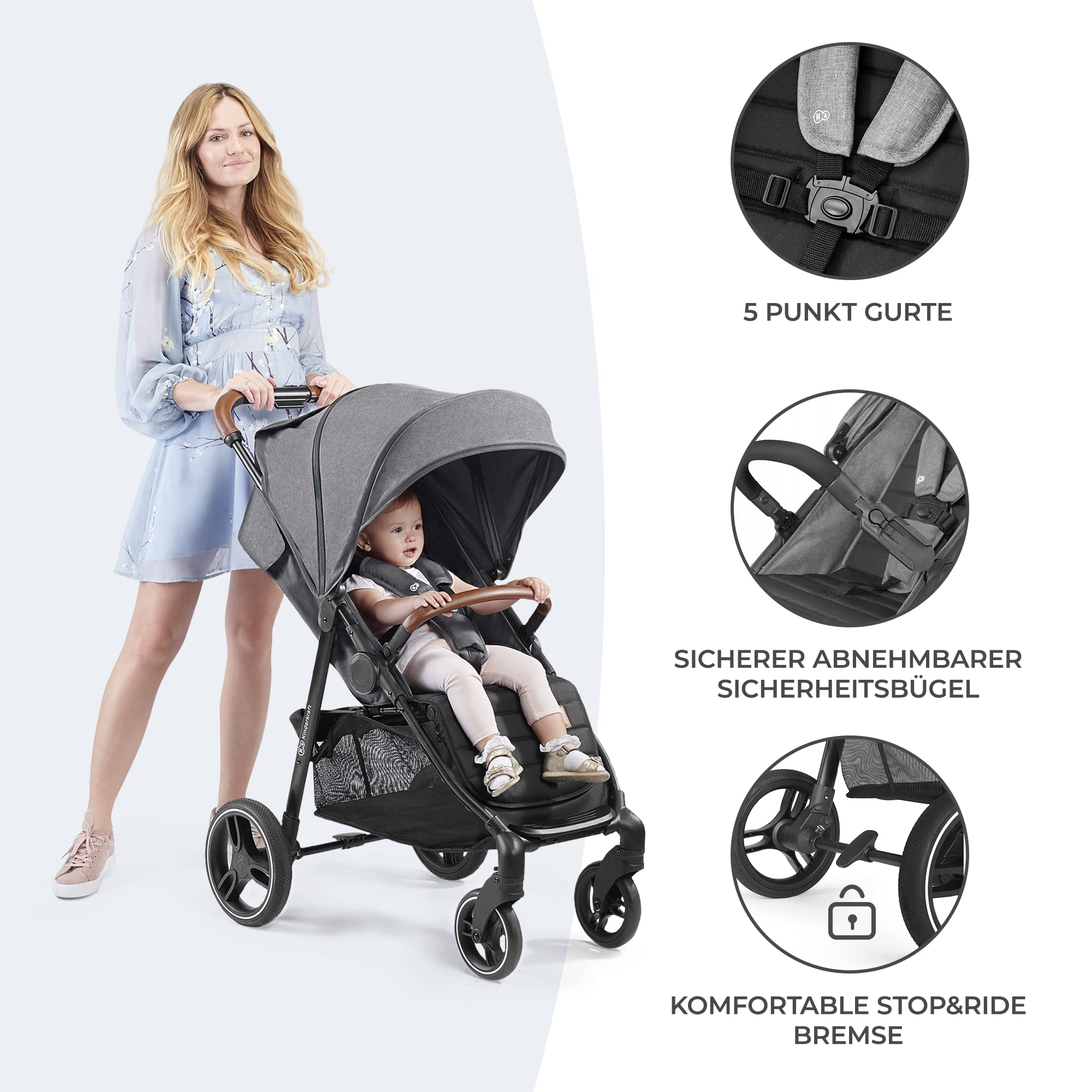 Kinderkraft GRANDE PLUS Buggy von Geburt bis 22 kg, Zusammenklappen mit einer Hand, Liegeposition, großes Verdeck mit Fenster, gedämpfte Räder, Grau